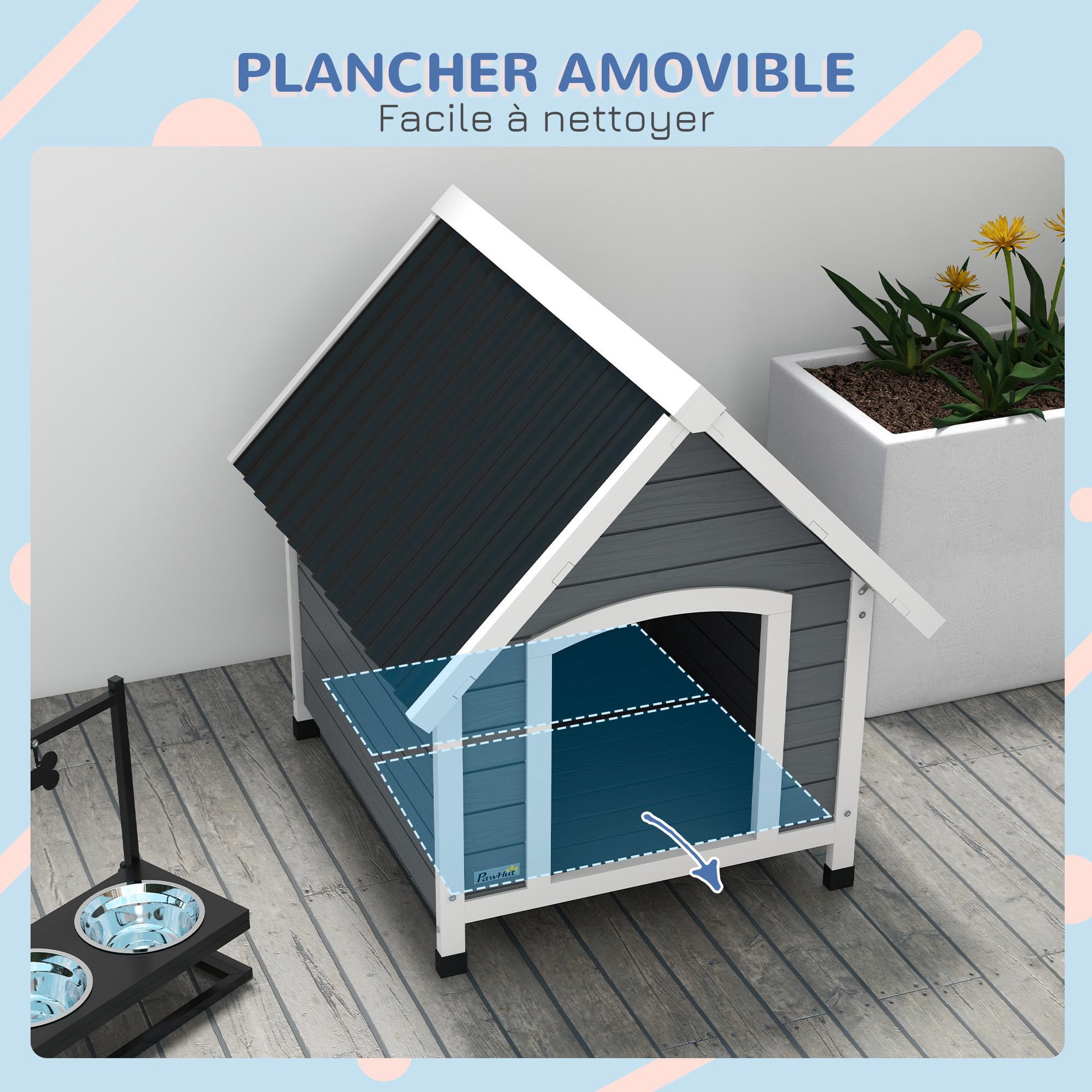 Voir la diapositive 6 : PAWHUT Niche pour chien design chalet sur pied - toit double pente, plancher amovible - plastique noir bois blanc gris