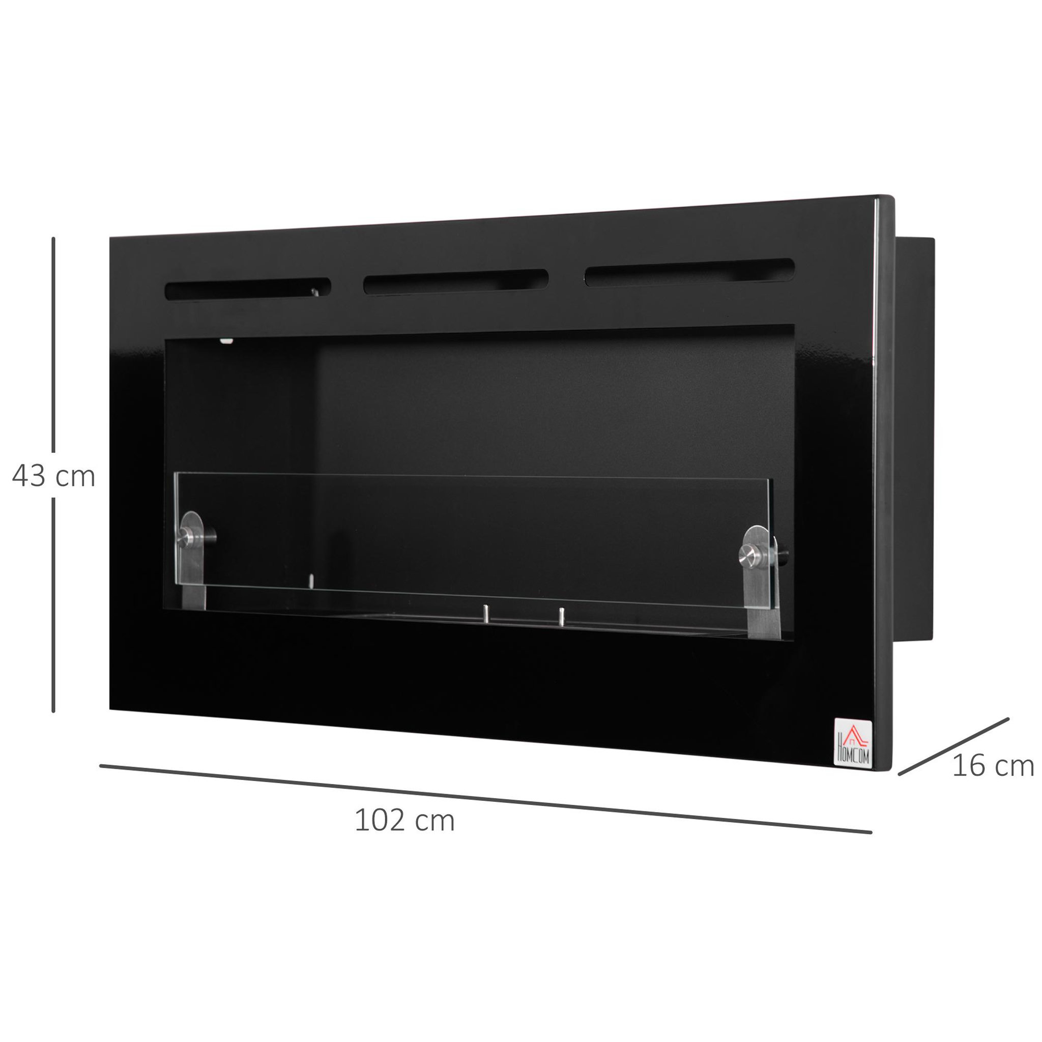 Voir la diapositive 3 : HOMCOM Cheminée bioéthanol murale design contemporain - réservoir 2,8 L couverture 30 m² - pare-feu verre trempé, kit fixation inclus - dim. 102L x 16l x 43H cm