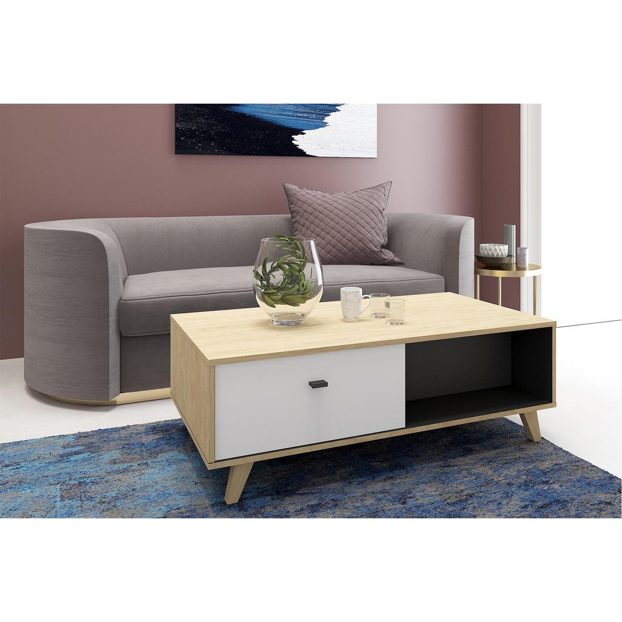 Voir la diapositive 4 : CONCEPT USINE Table basse avec tiroir en bois naturel skadi