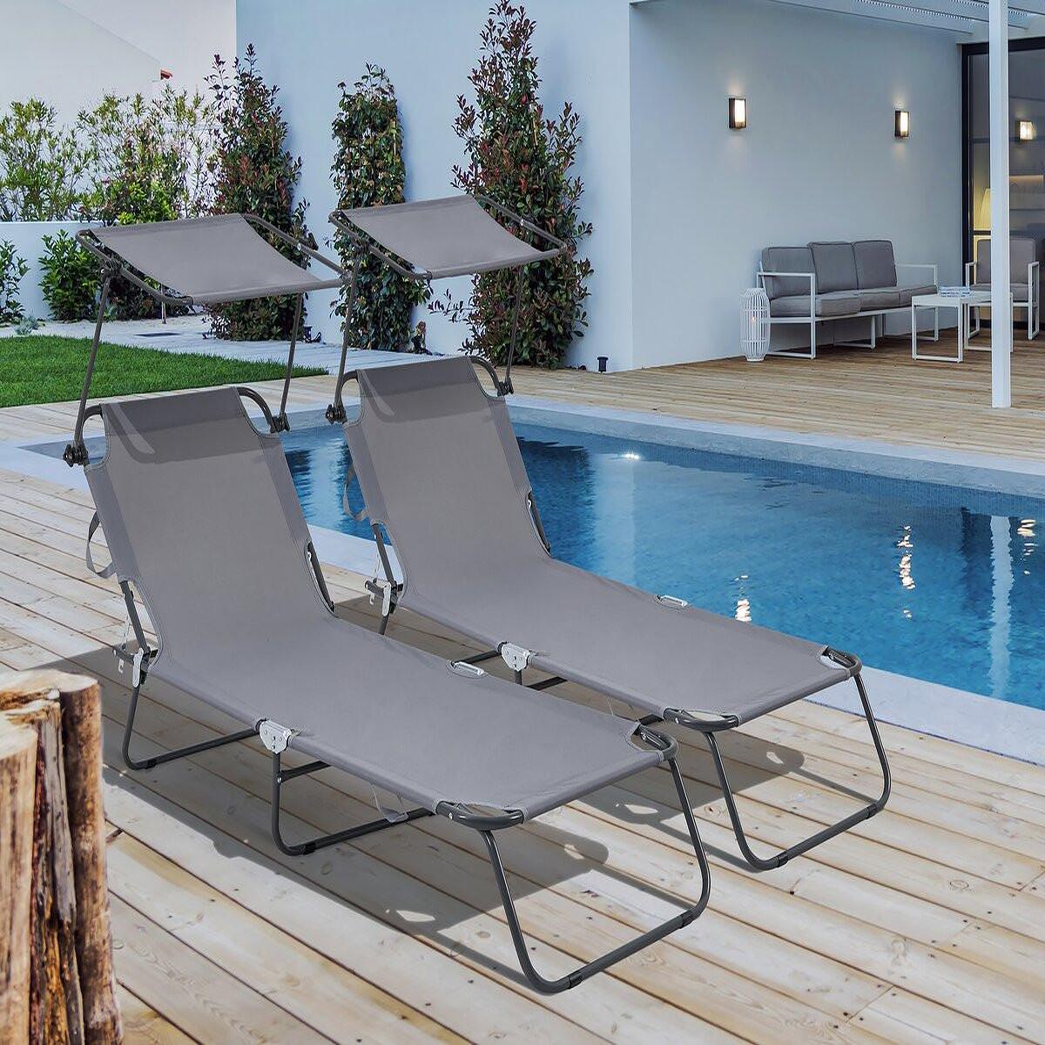 Voir la diapositive 2 : Habitat et Jardin Lot de 2 bains de soleil pliable  lazy  - avec pare soleil - gris