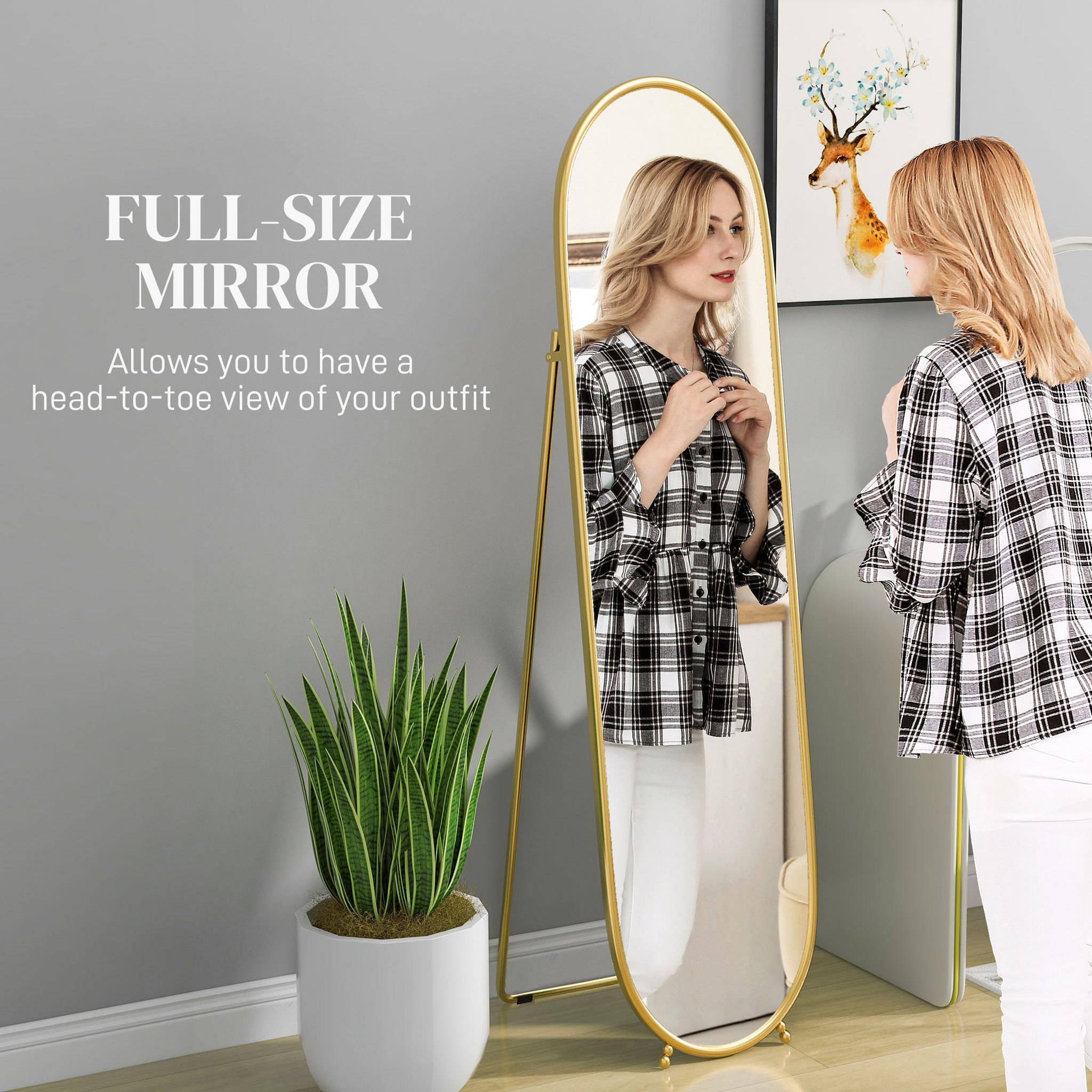 Voir la diapositive 5 : HOMCOM Grand miroir sur pied - miroir mural ovale avec support - dim. 40L x 160H cm - métal doré