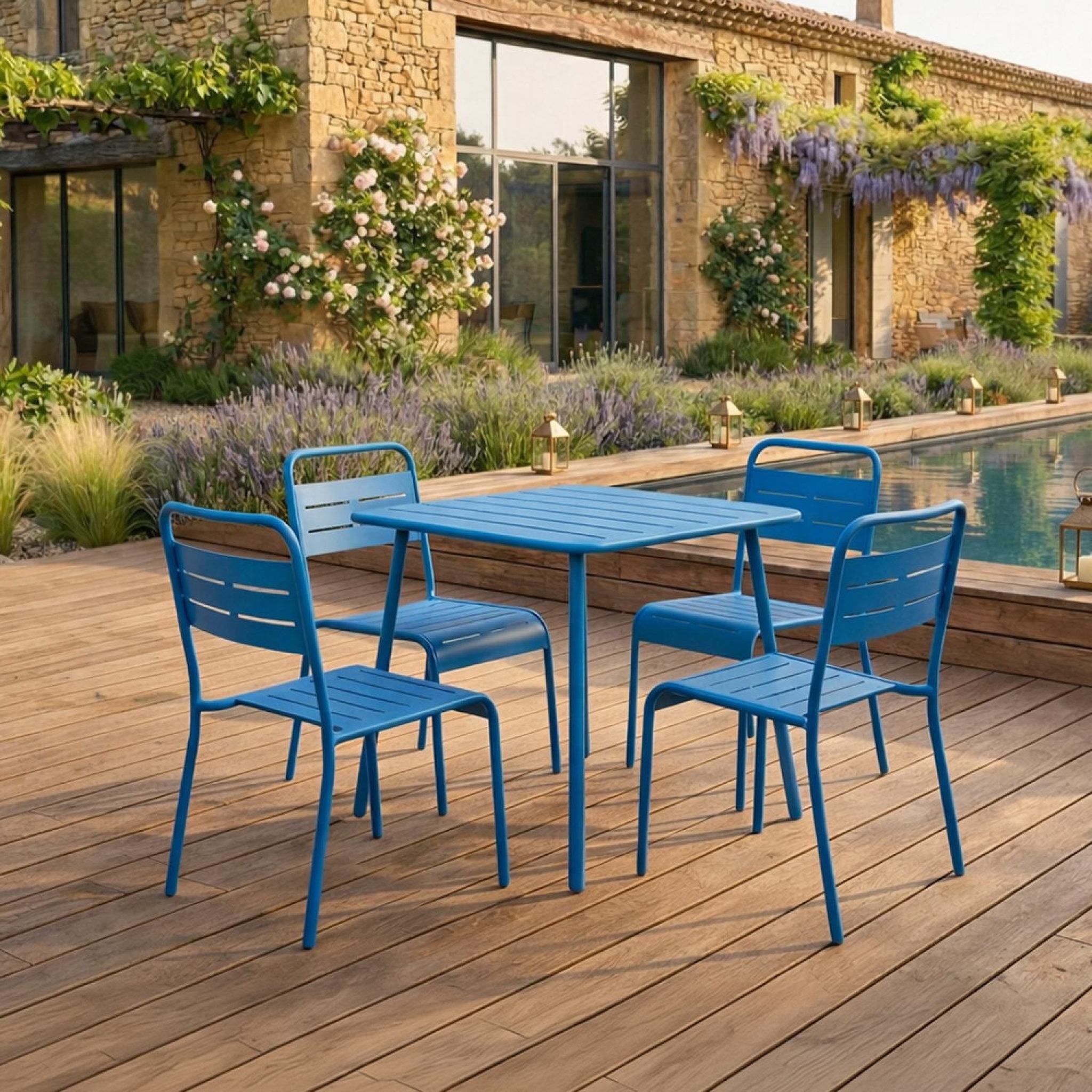 Voir la diapositive 2 : CONCEPT USINE Ensemble table de jardin carrée et 4 chaises bleu bergame