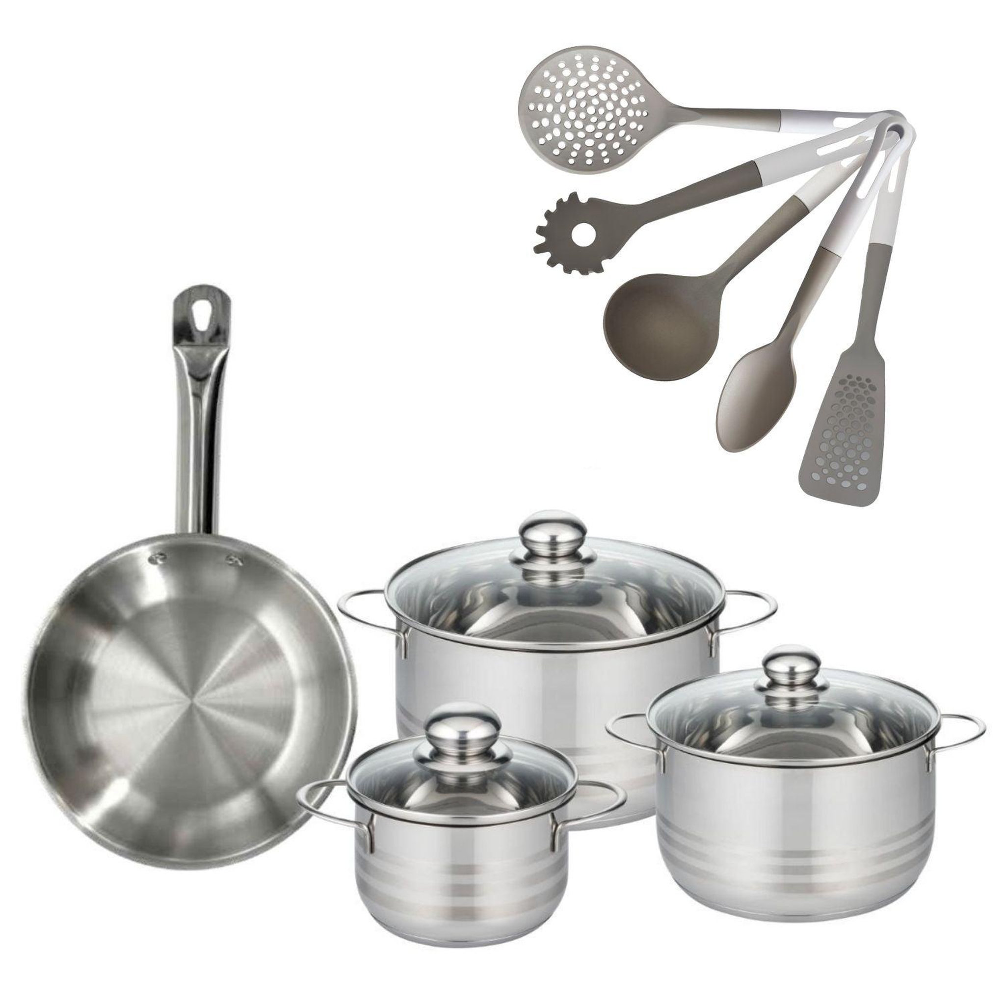 Fackelmann Batterie de cuisine avec 3 faitouts 16/20/24 cm et 1 poêle 24 cm avec 5 ustensiles de cuisine fackelmann etherna brillant vario