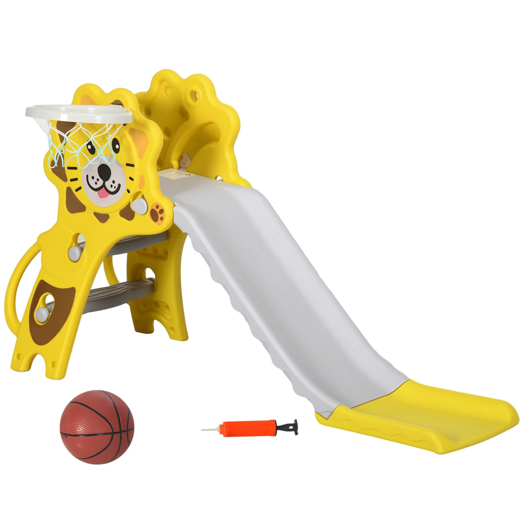 Voir la diapositive 1 : HOMCOM Toboggan enfant 18-36 mois - panier basket, ballon, pompe inclus - HDPE jaune gris