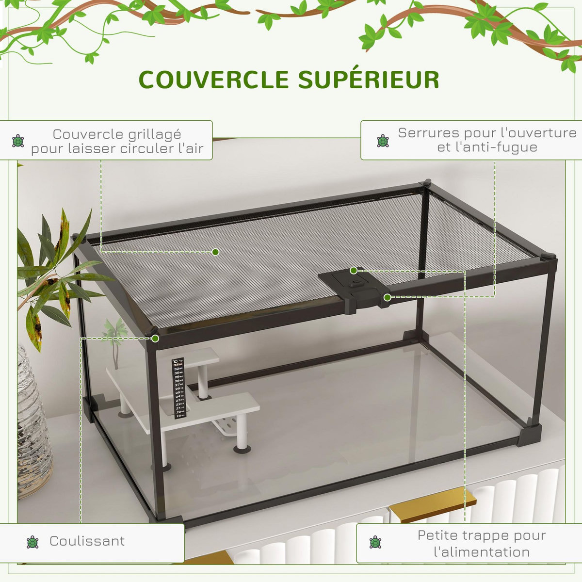 PAWHUT Terrarium en verre - vivarium reptiles & batraciens - habitat tortue - couvercle grillagé coulissant verrouillable - accessoires, thermomètre inclus - métal noir verre