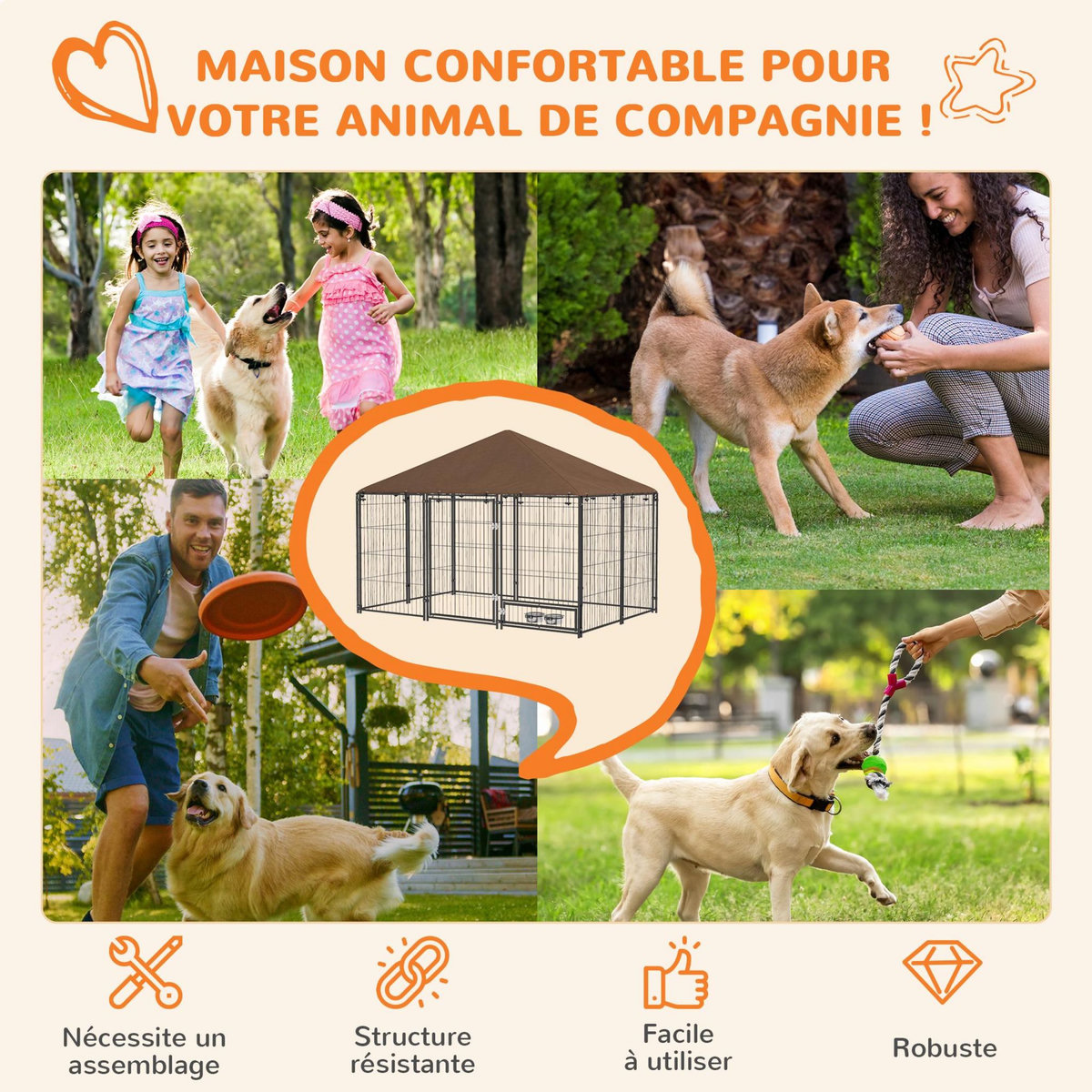 PAWHUT Chenil extérieur couvert pour chien 2 supports gamelles rotatifs porte verouillable acier noir