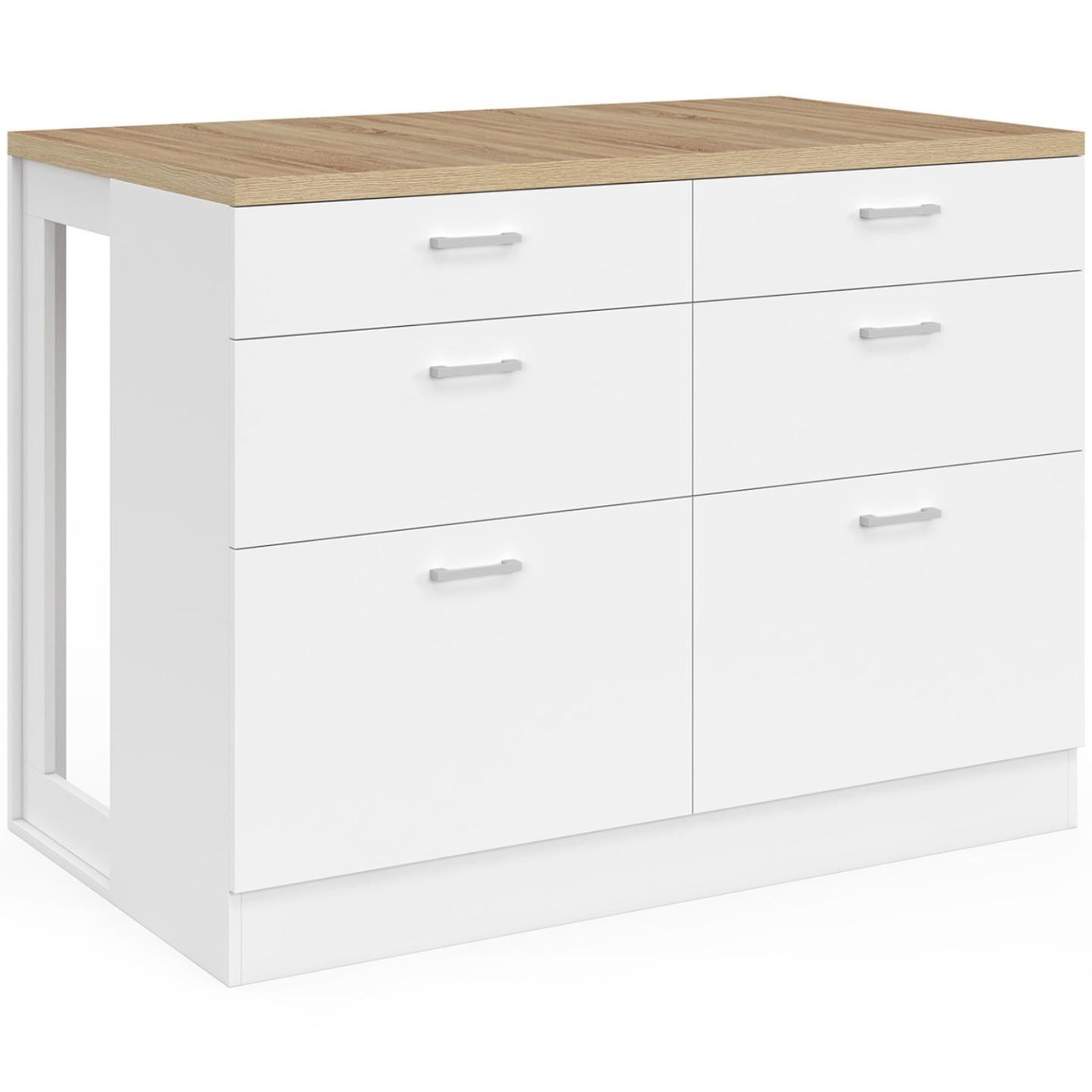 ID MARKET Ilot central mange-debout ORSO 120 cm casserolier 6 tiroirs blanc avec plan de travail façon hêtre