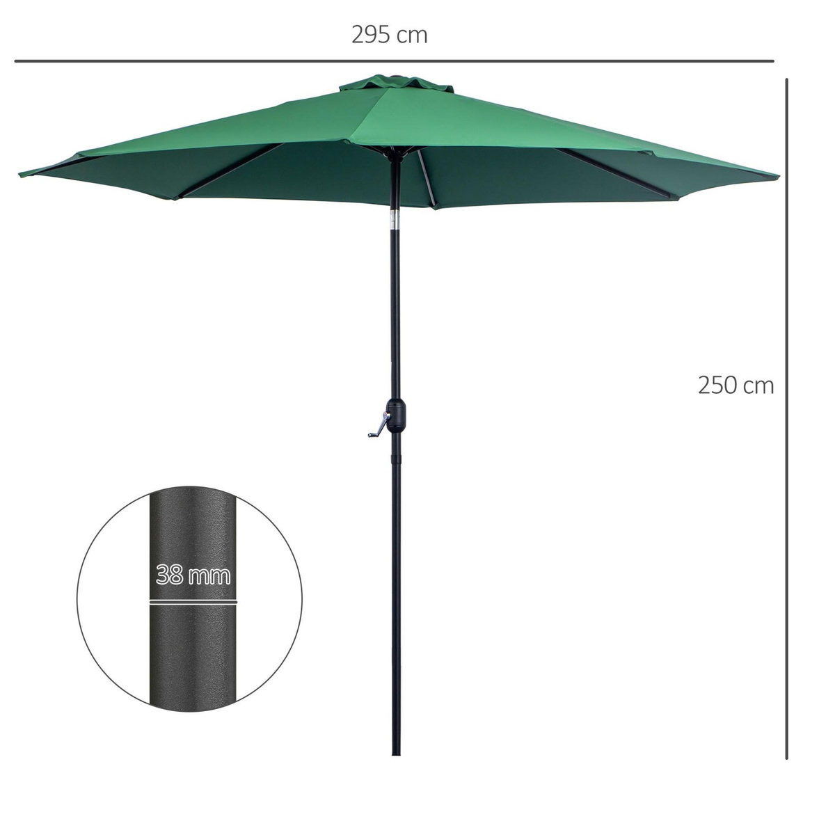 OUTSUNNY Parasol en métal rond polyester 180g/m² manivelle inclinable Ø 3 x 2,45 m vert