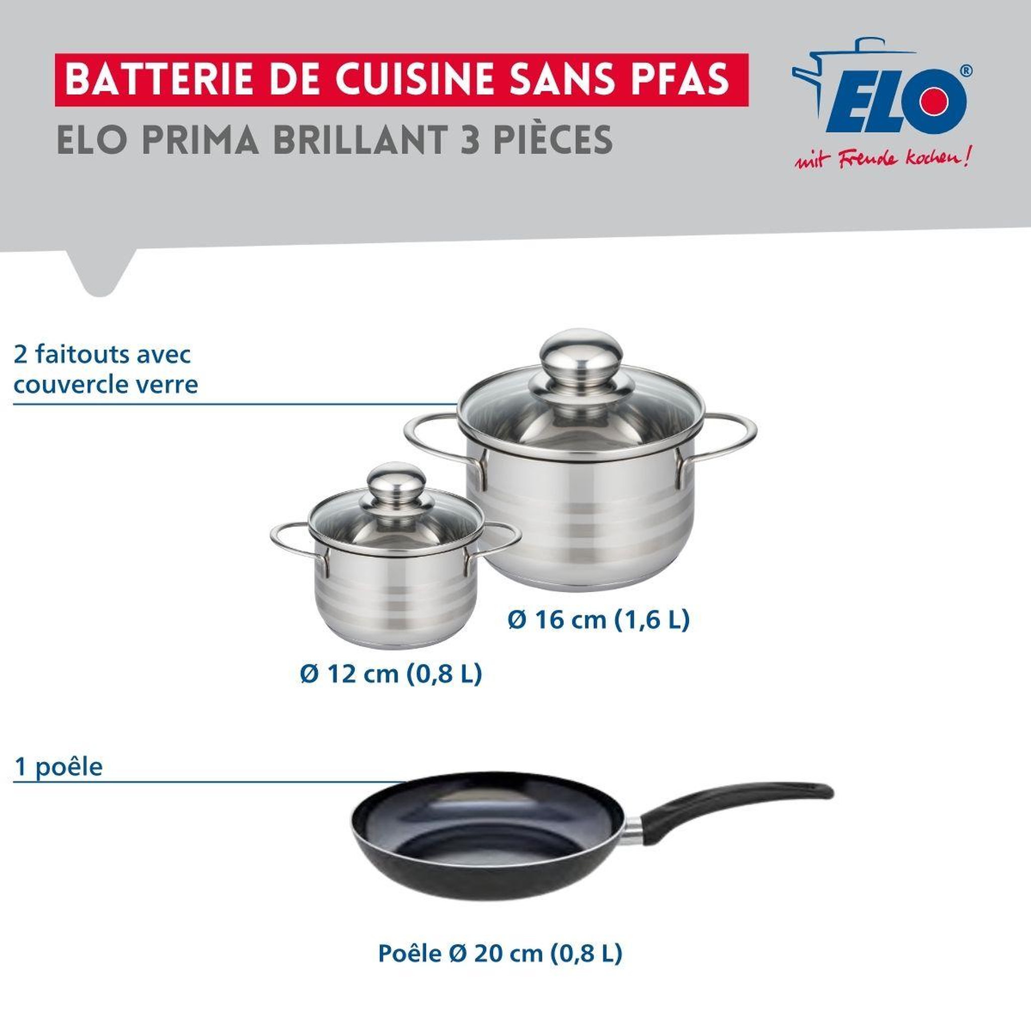 Voir la diapositive 2 : ELO Ensemble de 1 poêle de cuisson 20 cm et 2 faitouts 12 et 16 cm elo prima brillant