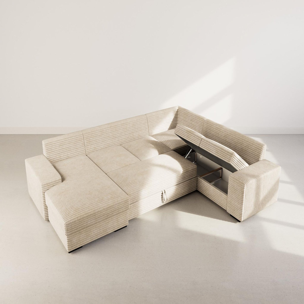 BEST MOBILIER Lorie - canapé panoramique d'angle droit 7 places convertible en velours côtelé grosse côte avec coffre