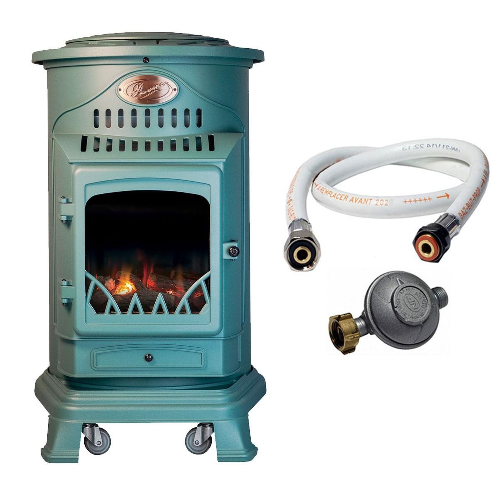UNIVERSAL Poele à gaz 3,4 kw vert fonte véritable effet poêle à bois + tuyau gaz + détendeur butane provence universal