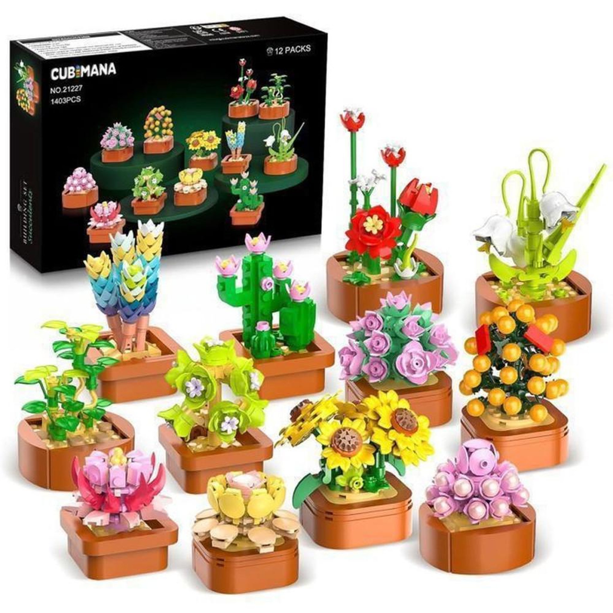 Ensemble construction miniature botanique, 12 plantes succulentes, 1403 mini briques emboîtables 3,6 mm
