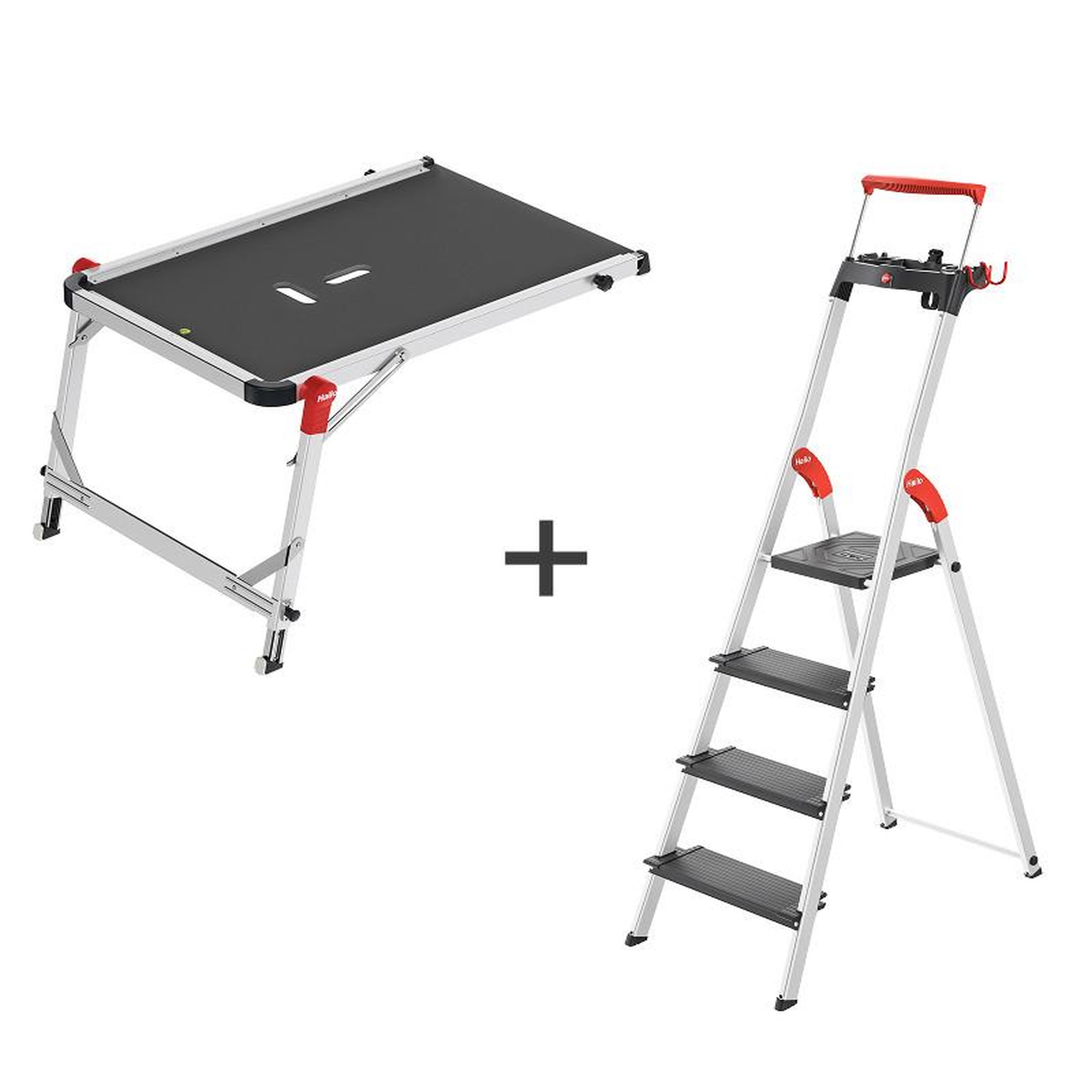 HAILO Escabeau en aluminium 4 marches Larges Hailo L100 + Plateforme TP1