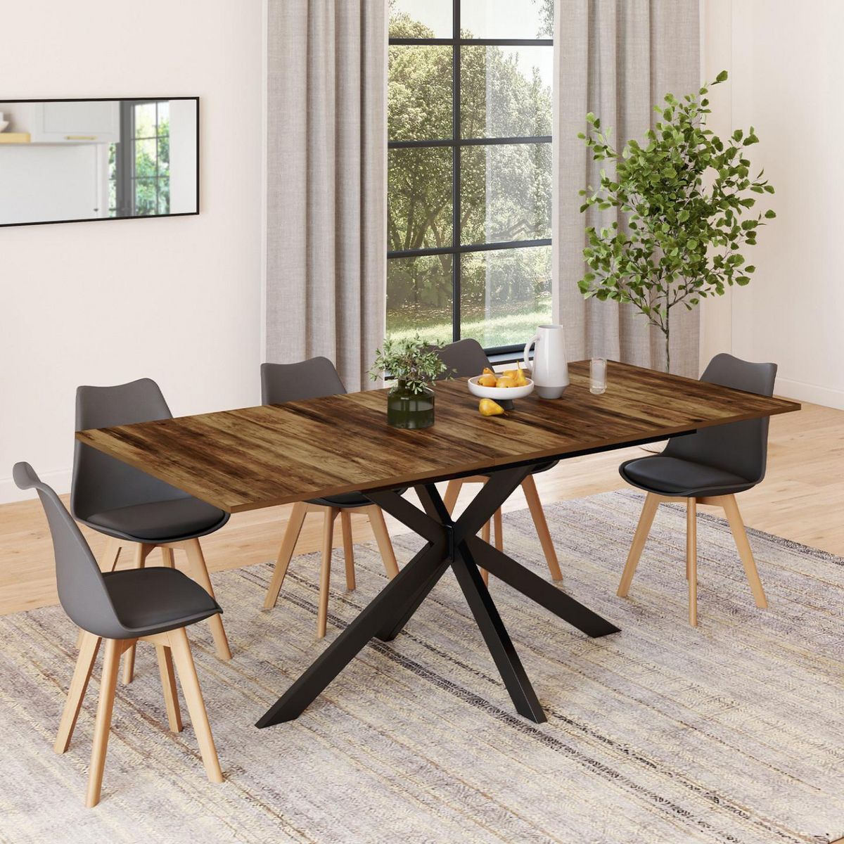 ID MARKET Table à manger extensible rectangle ALIX plateau HAWKINS 6-10 personnes bois foncé et noir 160-200 cm