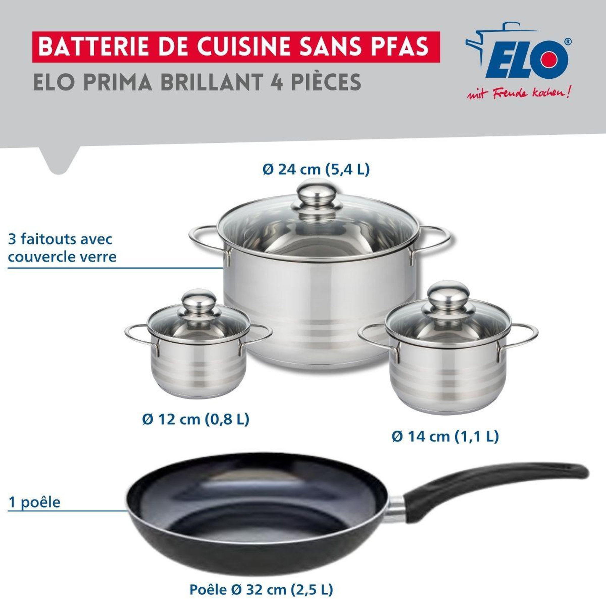 Voir la diapositive 2 : ELO Ensemble de 1 poêle de cuisson 32 cm et 3 faitouts 12, 14 et 24 cm elo prima brillant