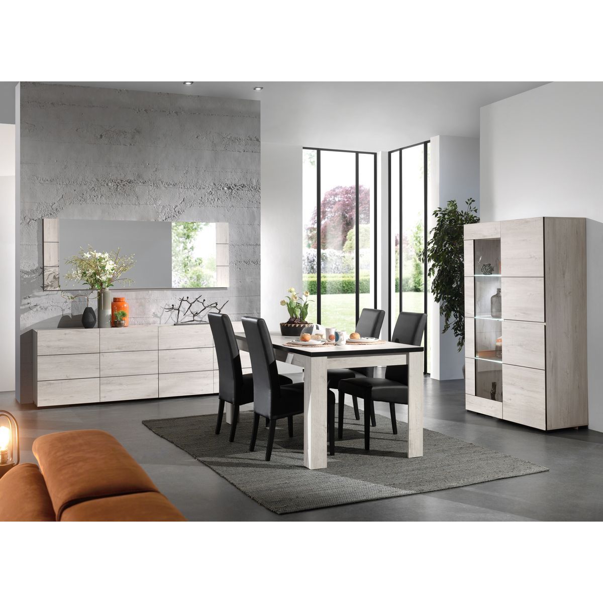 Table de séjour L160cm + buffet 4 portes + vitrine 2 portes ALBA