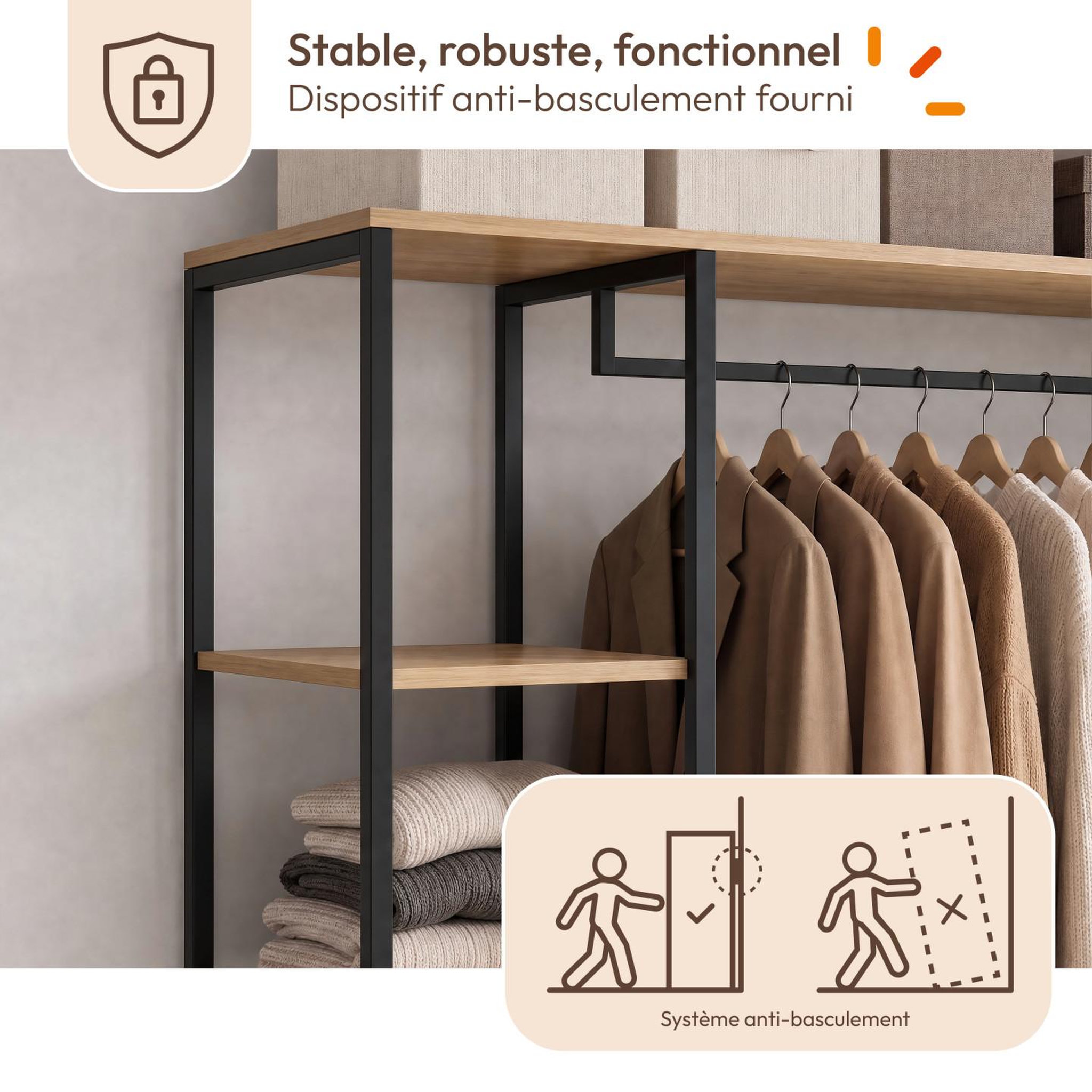 Voir la diapositive 5 : ID MARKET Dressing penderie étagères l. 113 cm detroit 2 tiroirs design industriel
