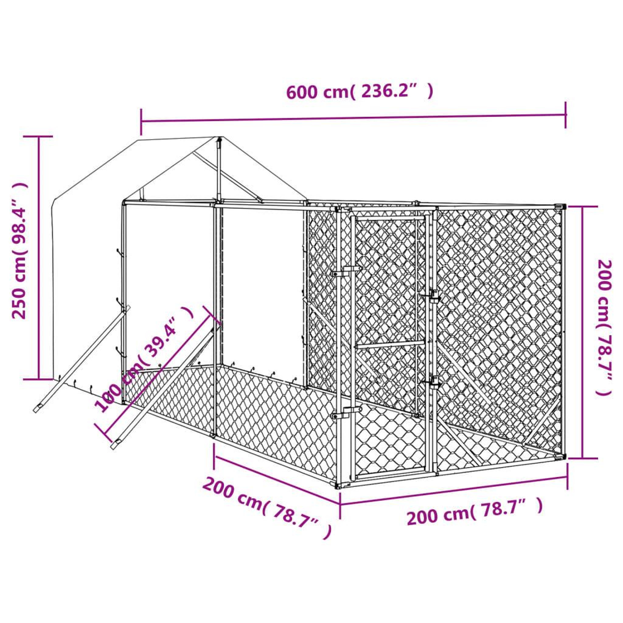 Voir la diapositive 4 : VIDAXL Chenil d'exterieur pour chiens avec toit argente 2x6x2,5 m