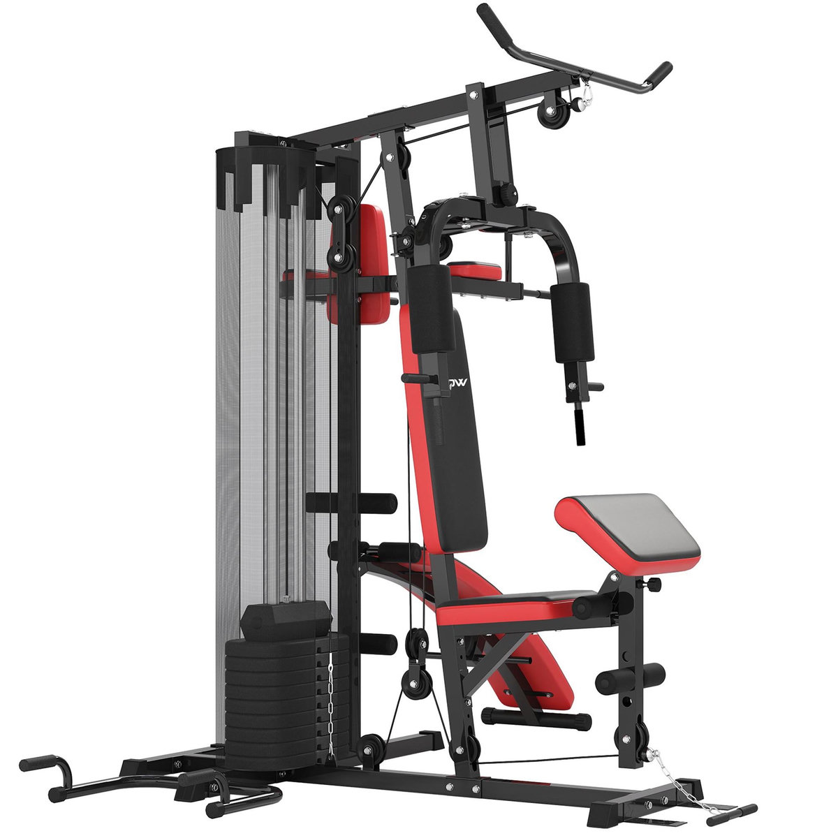 HOMCOM Station de musculation - banc, développé couché, butterfly, barre latissimus et traction, curler, bande résistance, 10 contrepoids - rouge