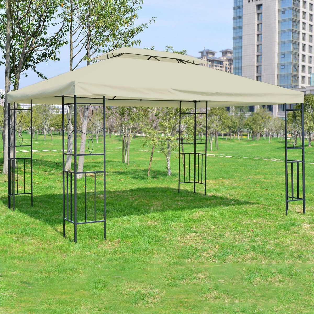 HOMCOM HOMCOM Tonnelle Pavillon de jardin barnum style colonial double toit 4 x 3 m acier crème