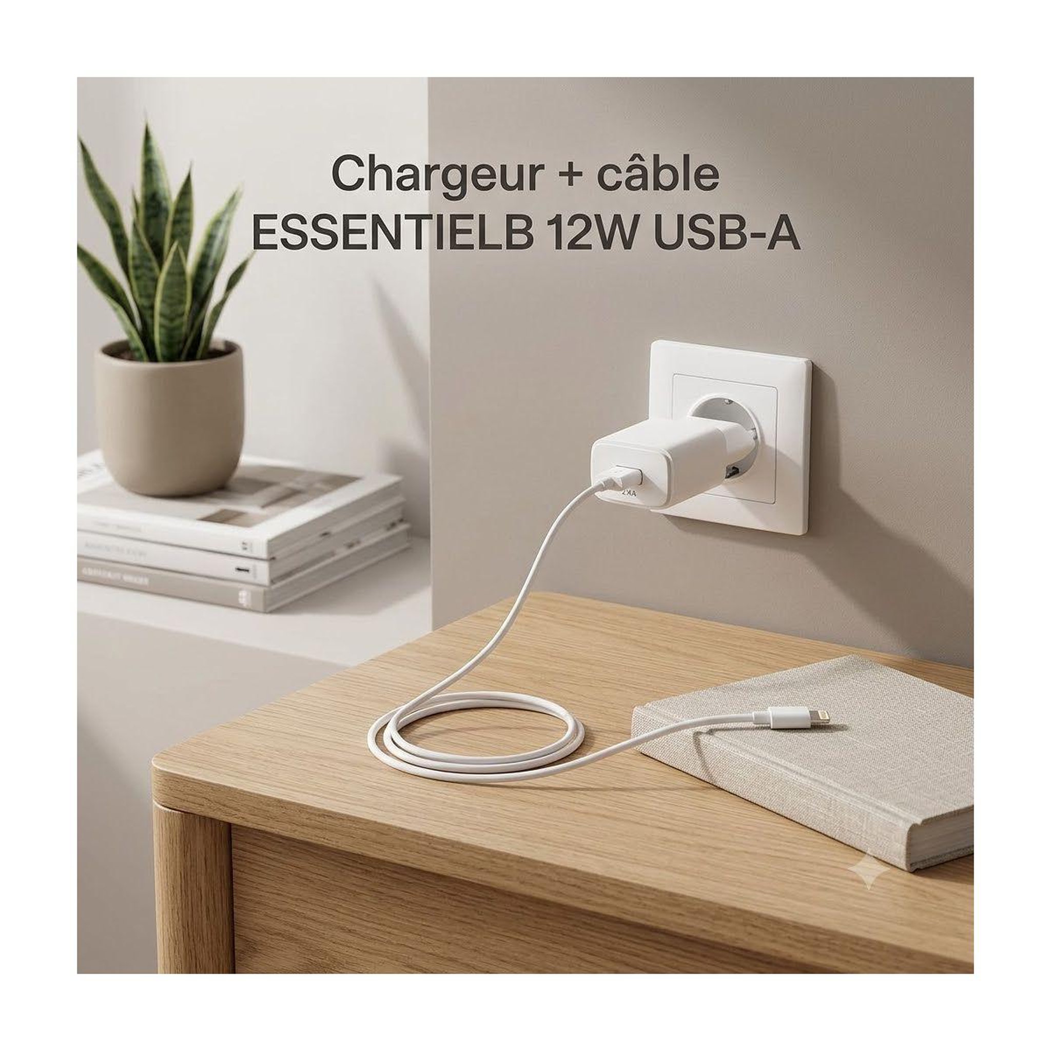 Voir la diapositive 2 : ESSENTIEL B Chargeur + câble 12w usb-a + câble lightning 1m blanc compatible iphone 17 16 15 pro max et samsung galaxy