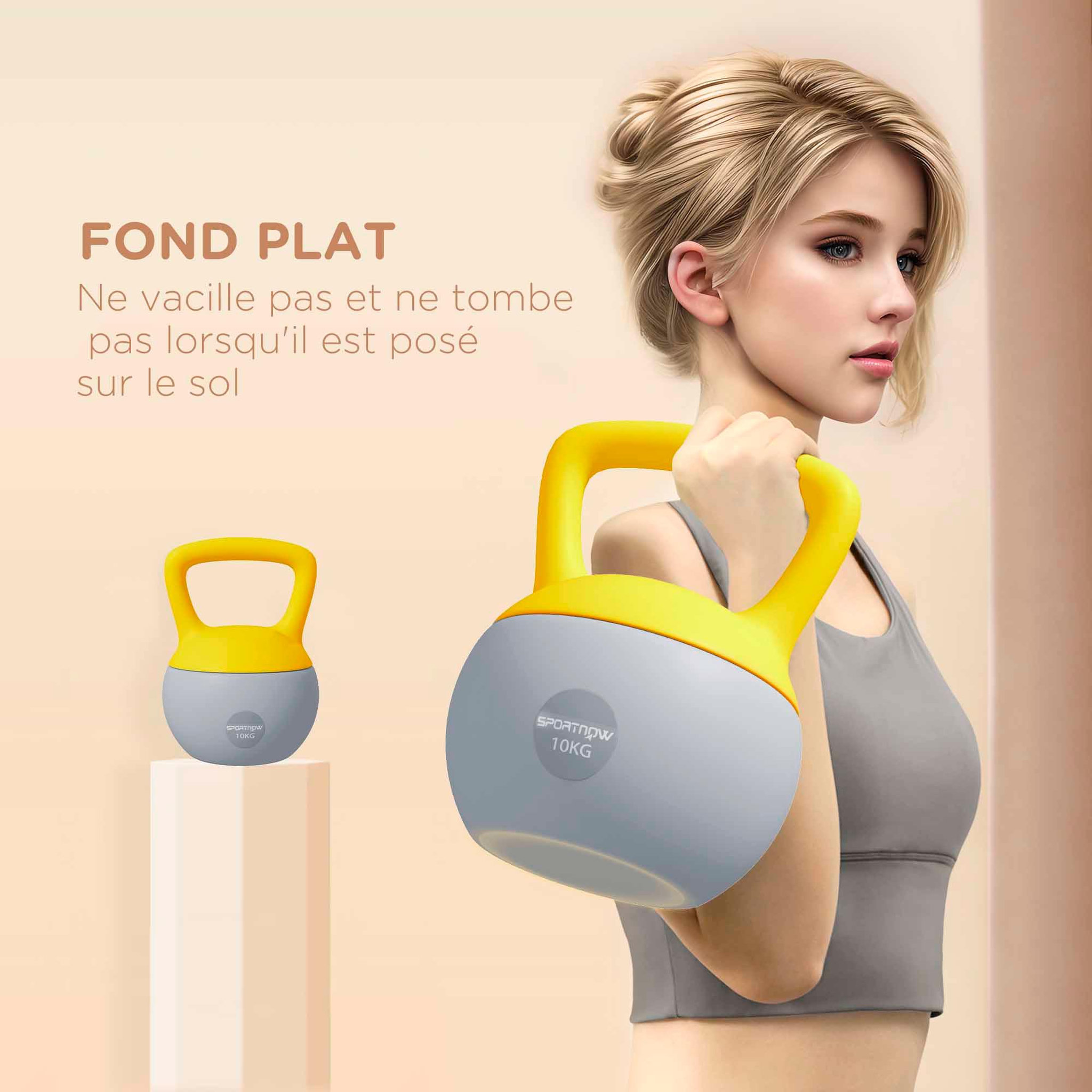 Voir la diapositive 6 : HOMCOM Kettlebell 10 kg - prise ergonomique - entraînement musculaire & haltérophilie - pvc gris jaune