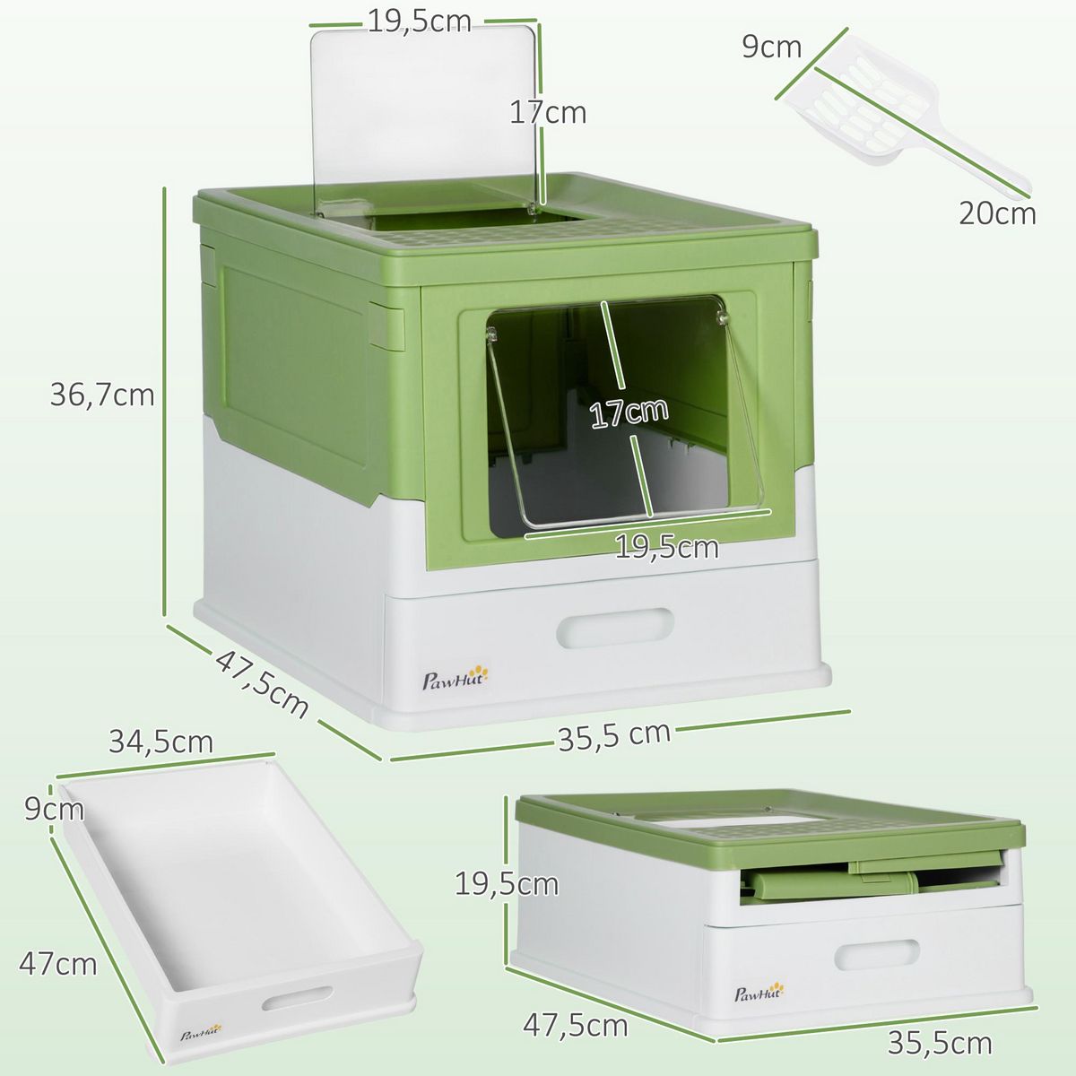 PAWHUT Maison de toilette pliable pour chat - tiroir à litière coulissant, porte battante et trappe transparente, pelle - blanc vert