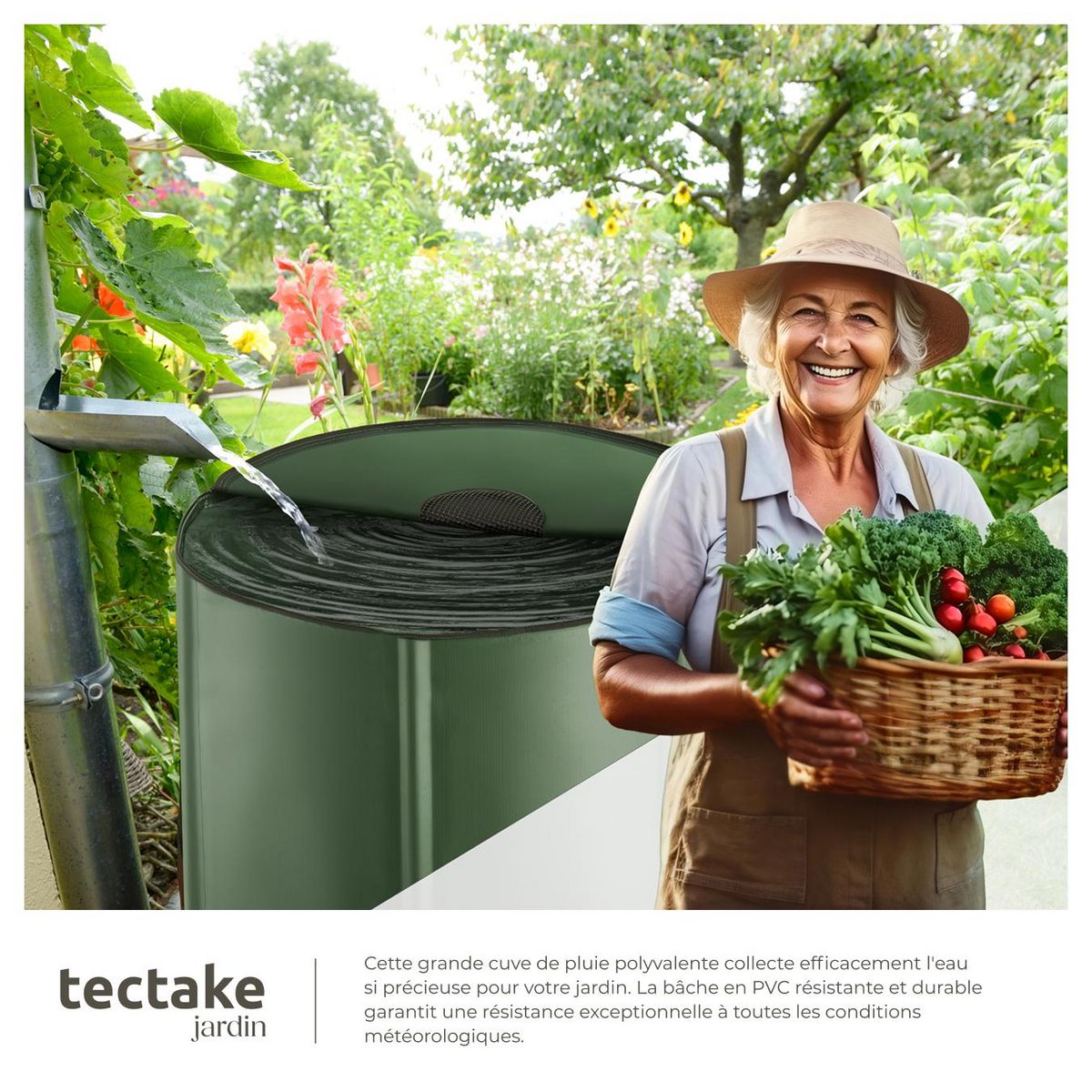 tectake Tonneau récupérateur d'eau de pluie avec robinet et protection anti-débordement vert 380 L
