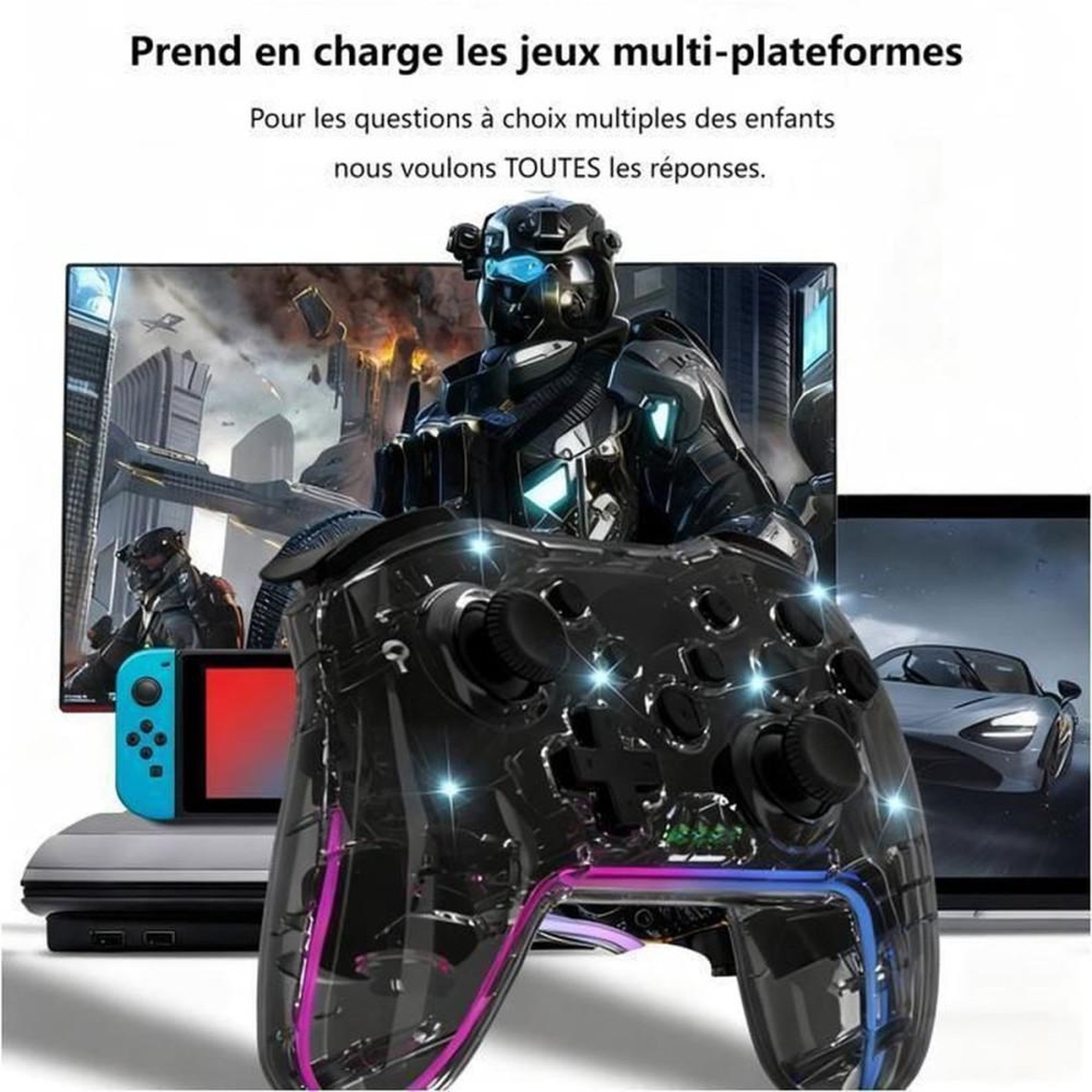Voir la diapositive 6 : Manette de jeu Bluetooth transparente RGB 7 couleurs Turbo Vibration pour PC et Nintendo Switch