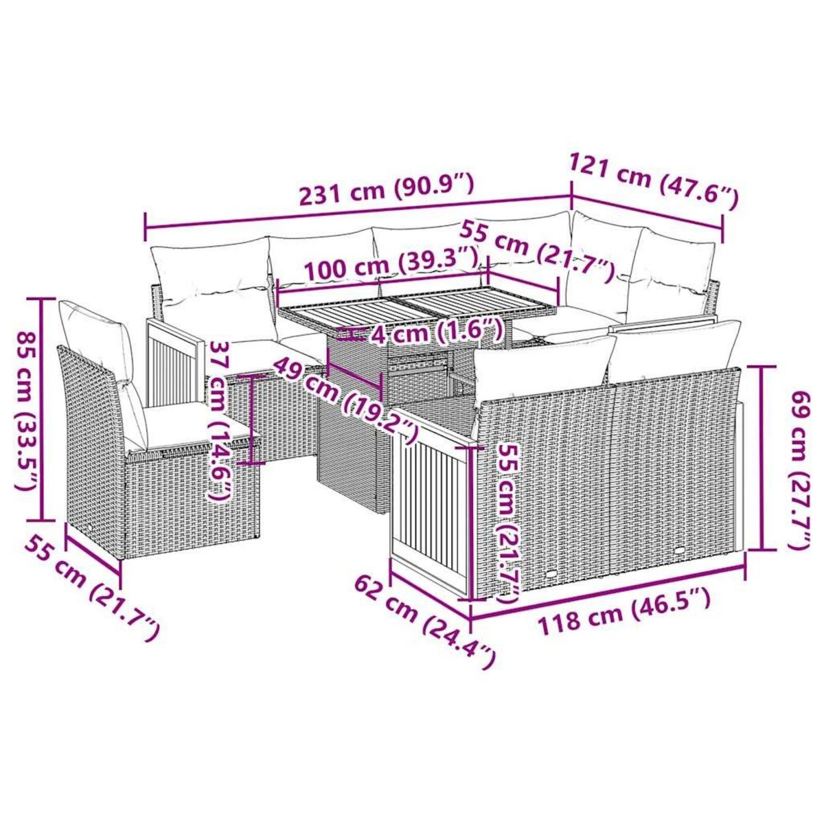 VIDAXL Salon de jardin avec coussins 9 pcs gris resine tressee acacia