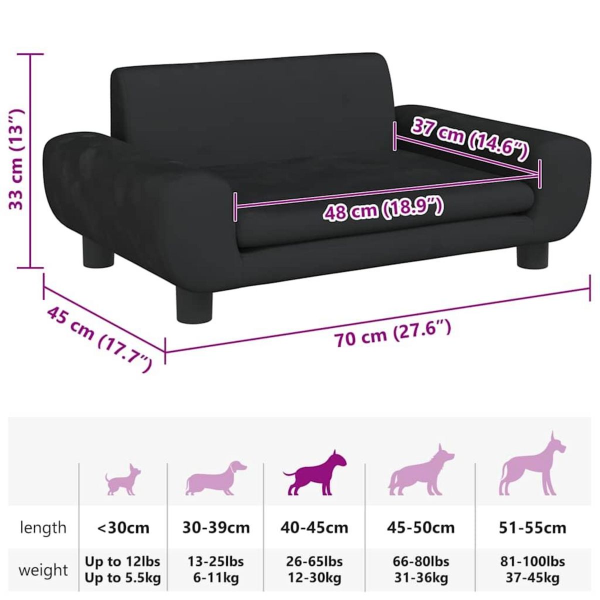 VIDAXL Lit pour chien noir 70x45x33 cm velours