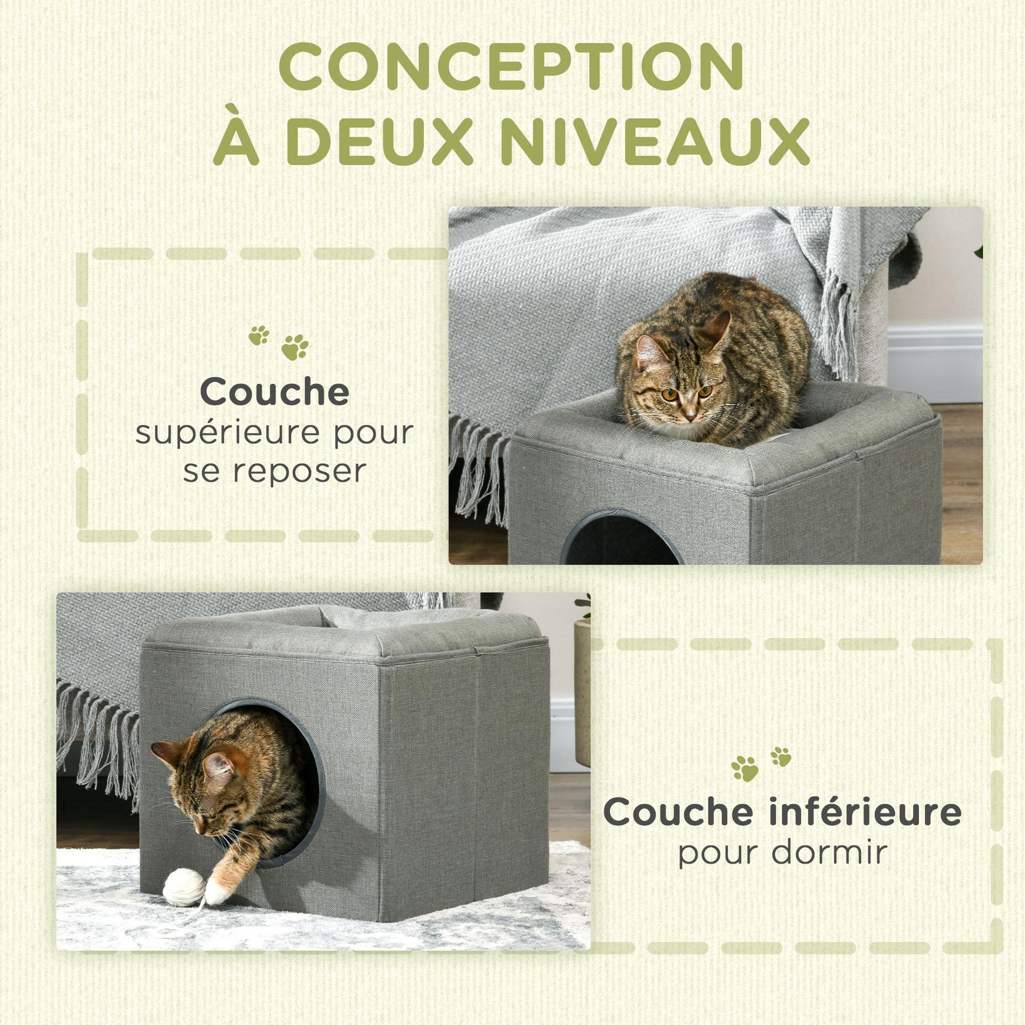 Voir la diapositive 4 : PAWHUT Panier chat pouf 2 en 1 - coussin amovible lavable - mdf pvc tissu aspect lin vert de gris
