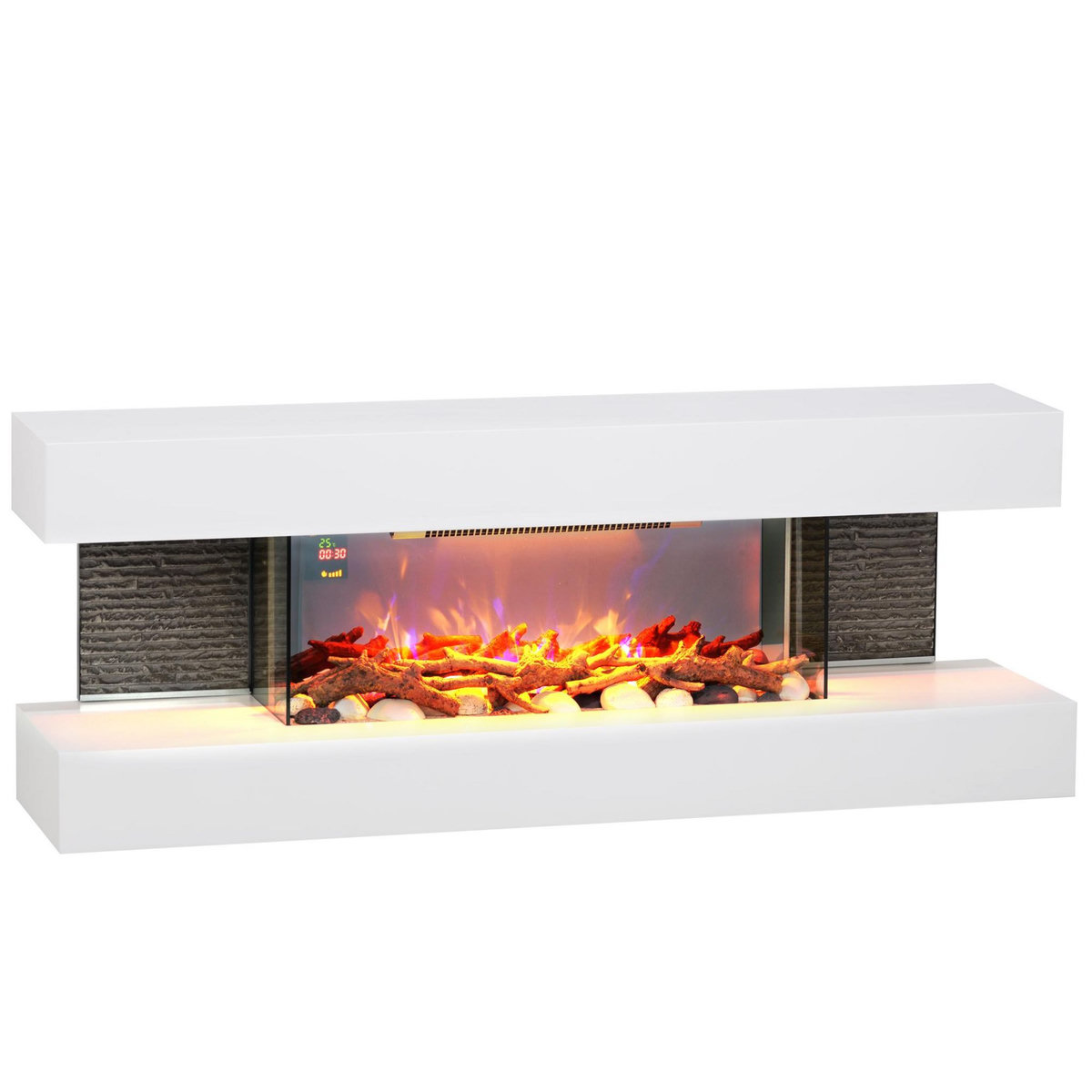 HOMCOM Cheminée électrique design contemporain 2000W effets flammes LED 3D dim. 119L x 30l x 45H cm éléments décoratifs télécommande inclus blanc