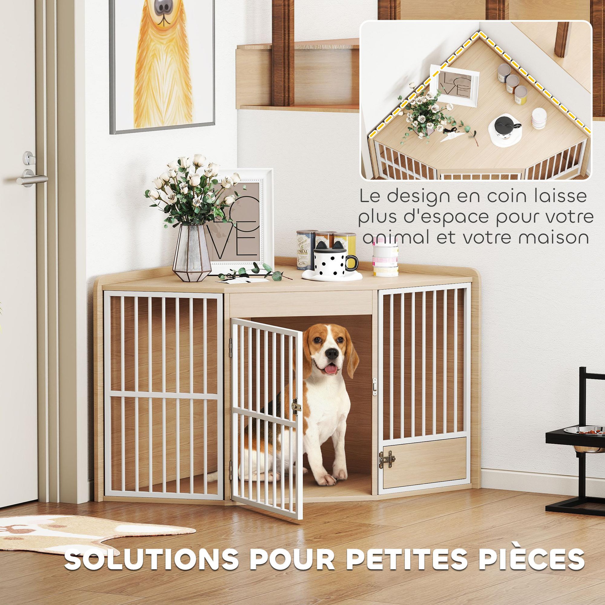 Voir la diapositive 4 : PAWHUT Cage d'angle pour chien en bois clair dim. 113 x 80 x 64 cm porte entrée + porte rotative alimentation