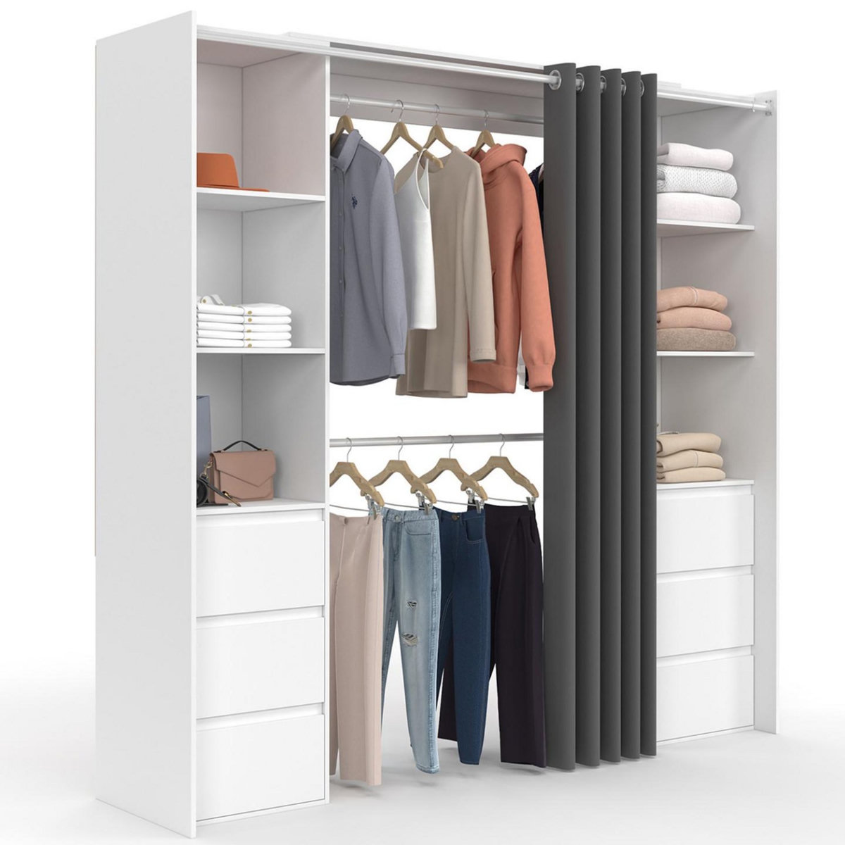 ID MARKET Dressing extensible double MERYL 120/180 cm blanc avec 6 tiroirs + étagères + double penderie + rideau gris