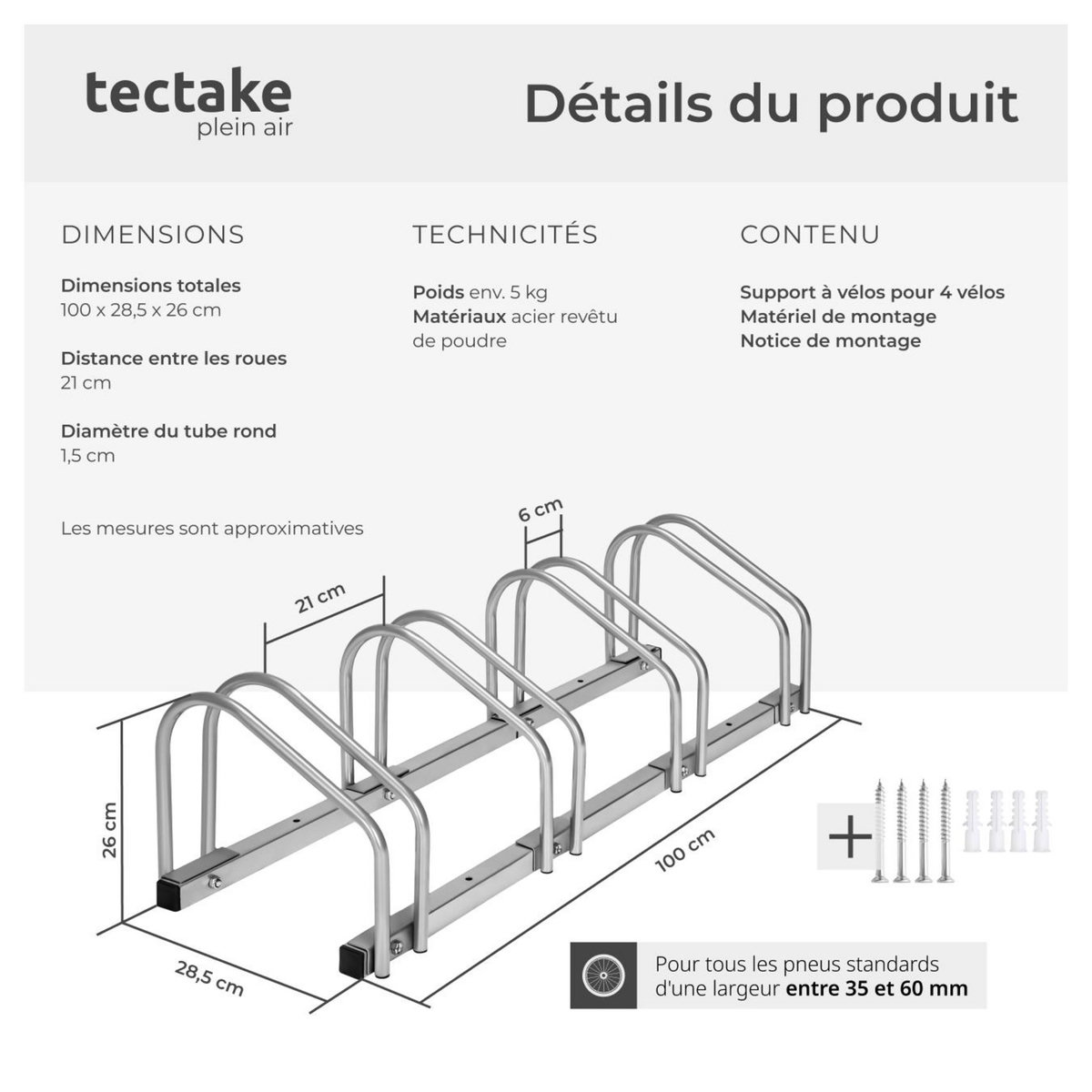 tectake Support à bicyclette en acier inoxydable argent