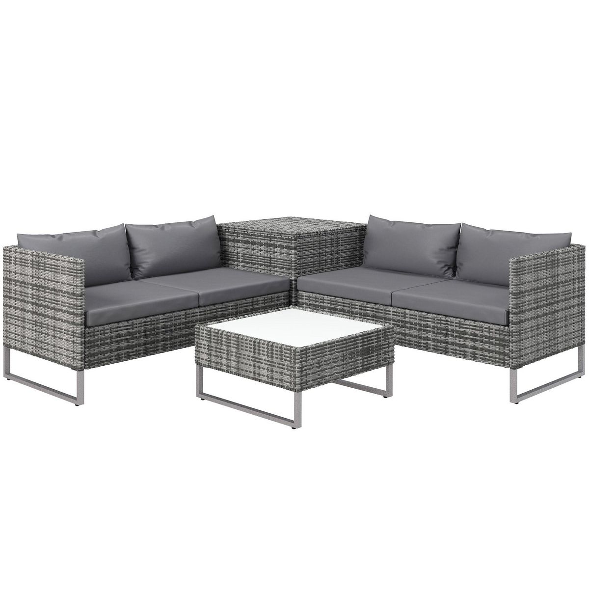 OUTSUNNY Ensemble salon de jardin d'angle 4 places - table basse, coffre - coussins assise déhoussables - métal époxy résine tressée gris