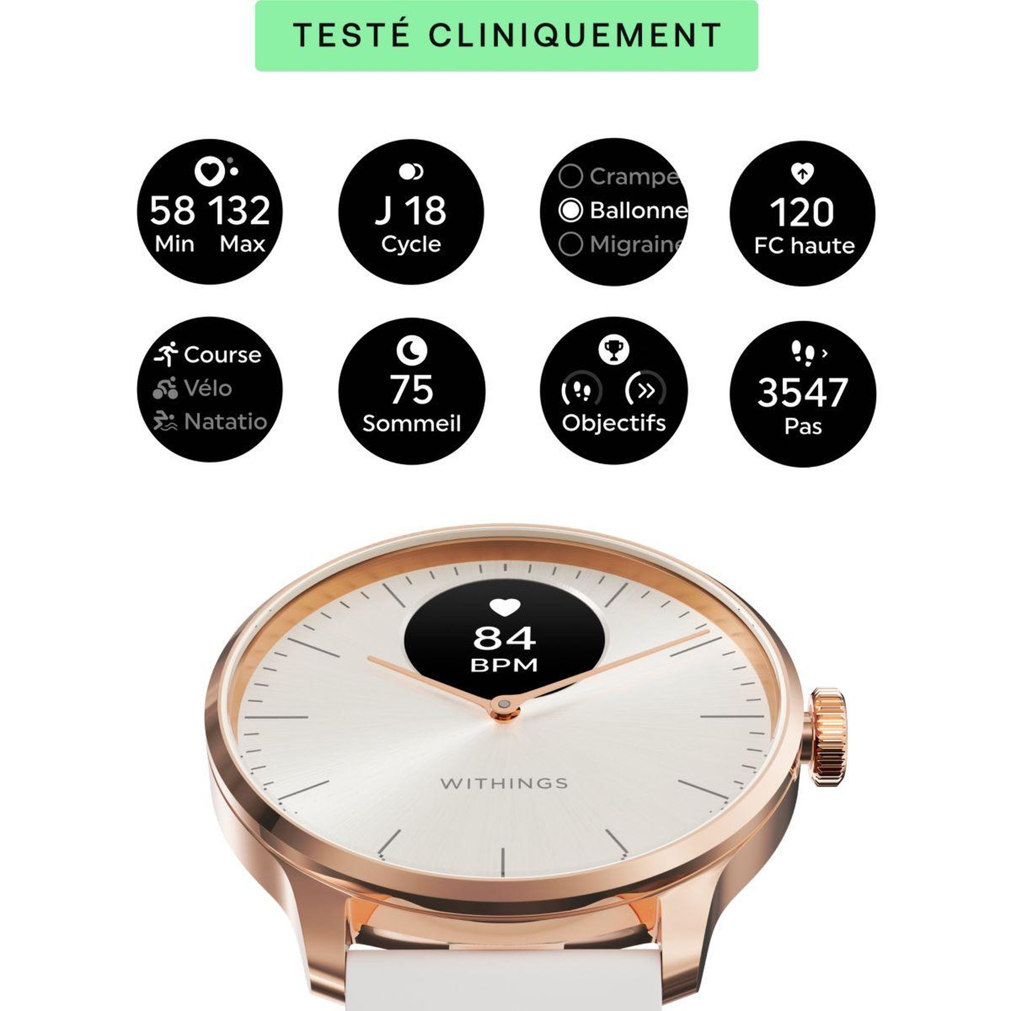 Voir la diapositive 3 : WITHINGS Montre santé Scanwatch Light Rose Gold