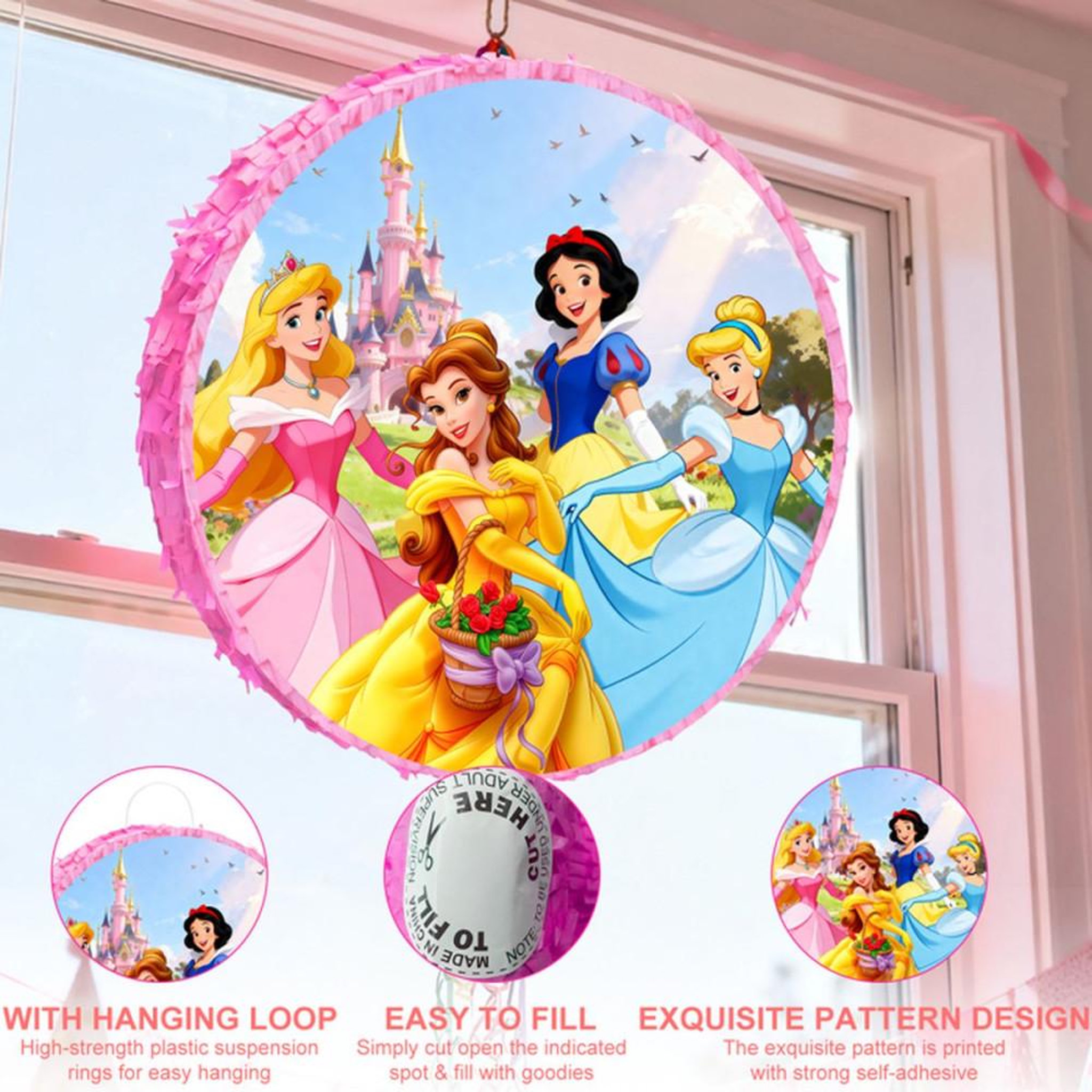 Voir la diapositive 6 : Piñata princesse ronde multicolore avec masque pour les yeux, bâton, confettis et anneau de suspension