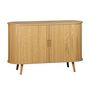 Voir la diapositive 1 : SWEEEK Buffet scandinave 2 portes coulissantes. 4 compartiments. effet bois rainuré. couleur naturelle. buffet bas. L 120 x P 40 x H 75cm