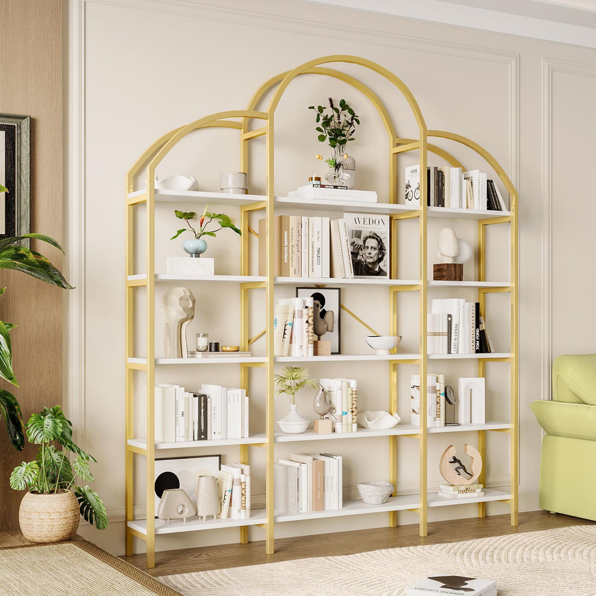 MERAX Bibliothèque blanc+doré 5 étagère(s) - 170x190 cm mdf et métal