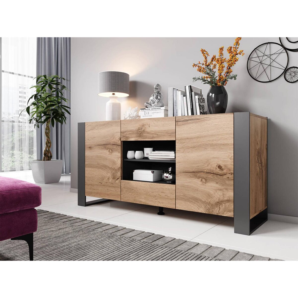 BEST MOBILIER Willow - buffet bas - effet bois et gris - 2 portes, 2 tiroirs et 2 niches - 164 cm