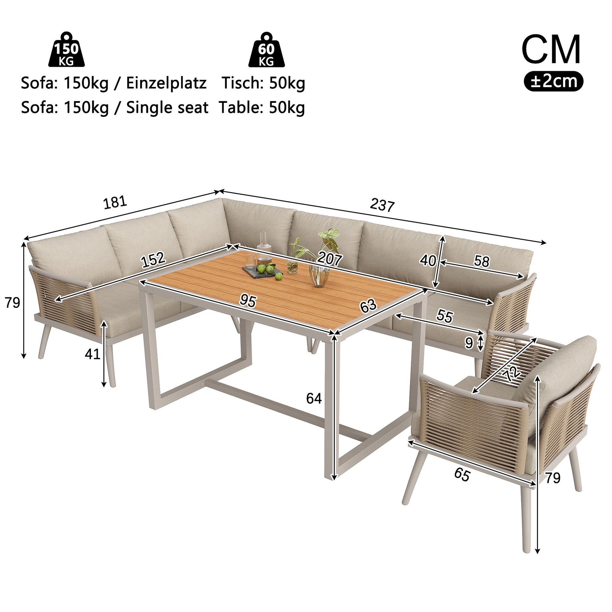 Voir la diapositive 3 : MERAX Salon de jardin repas 7 places en métal avec table, canapé d'angle et fauteuils