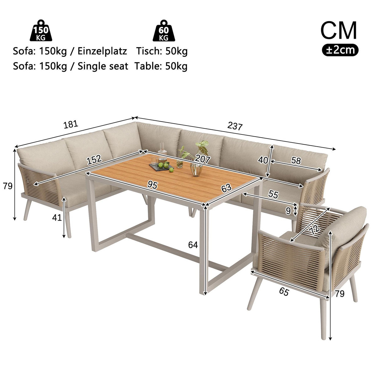 MERAX Salon de jardin repas 7 places en métal avec table, canapé d'angle et fauteuils