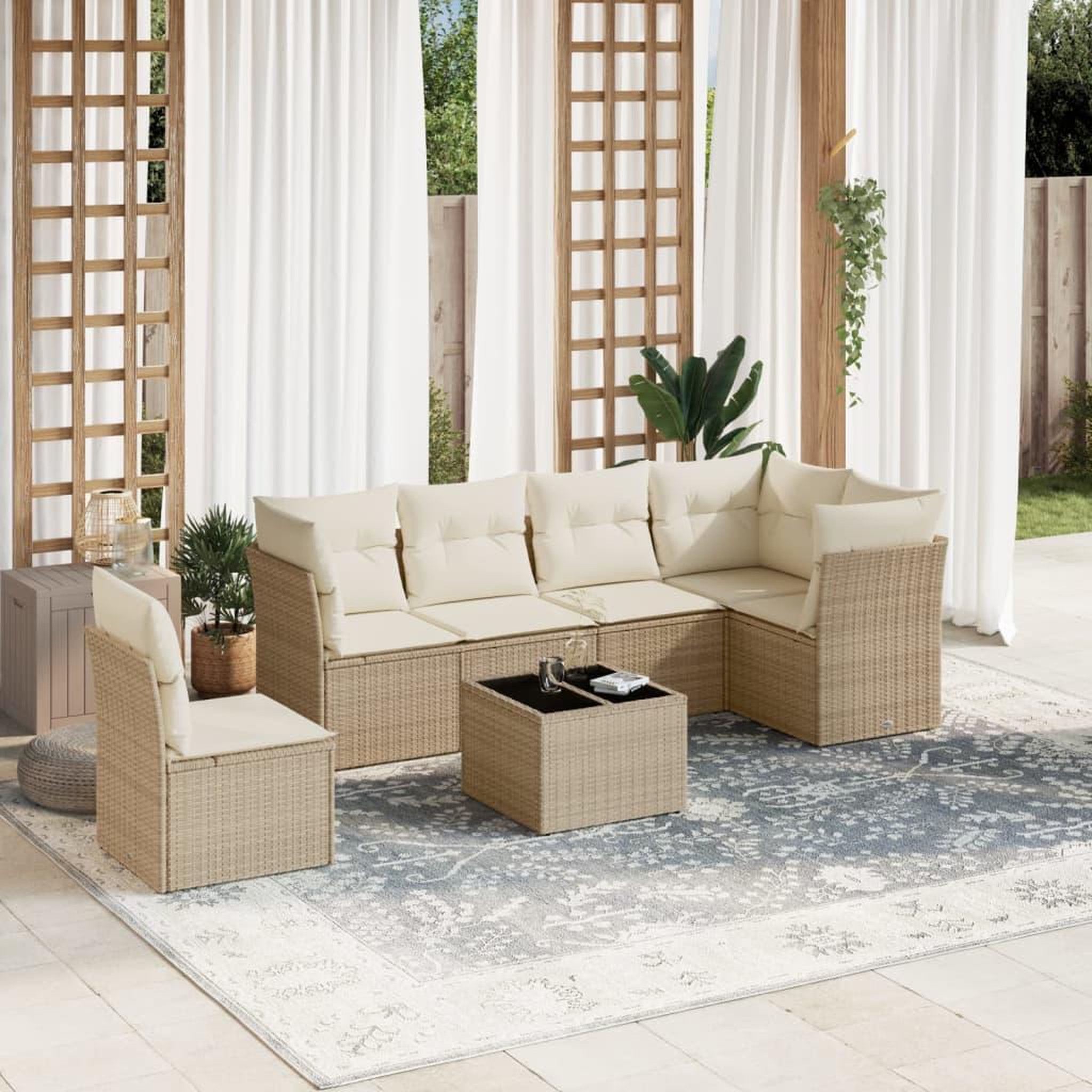 VIDAXL Salon de jardin avec coussins 7 pcs beige resine tressee