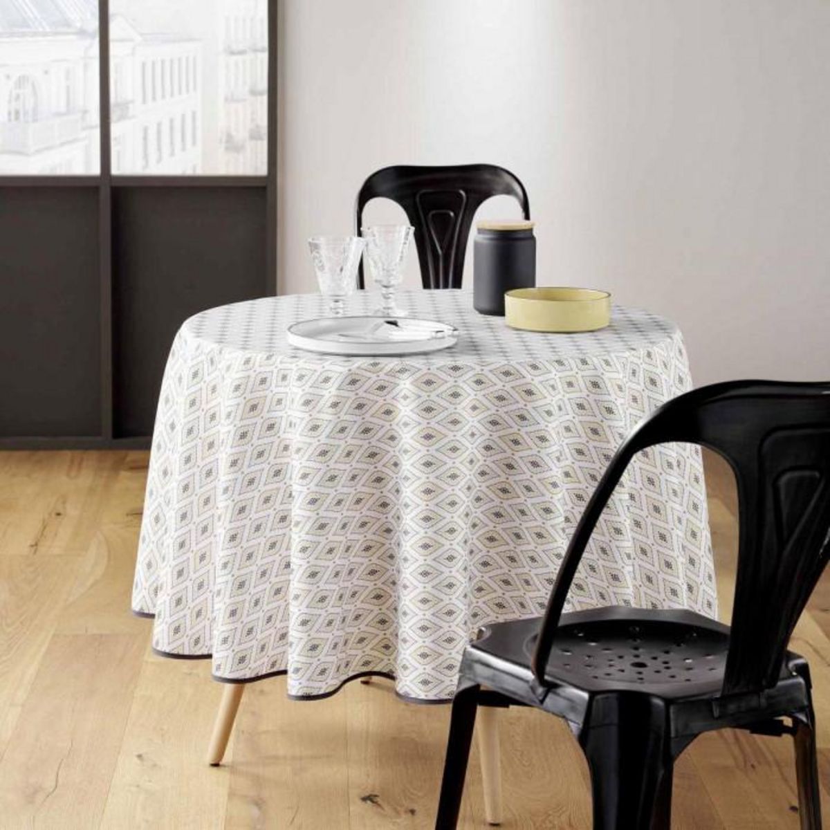 Paris Prix Nappe Ronde Imprimé  Oricia  180cm Beige & Noir