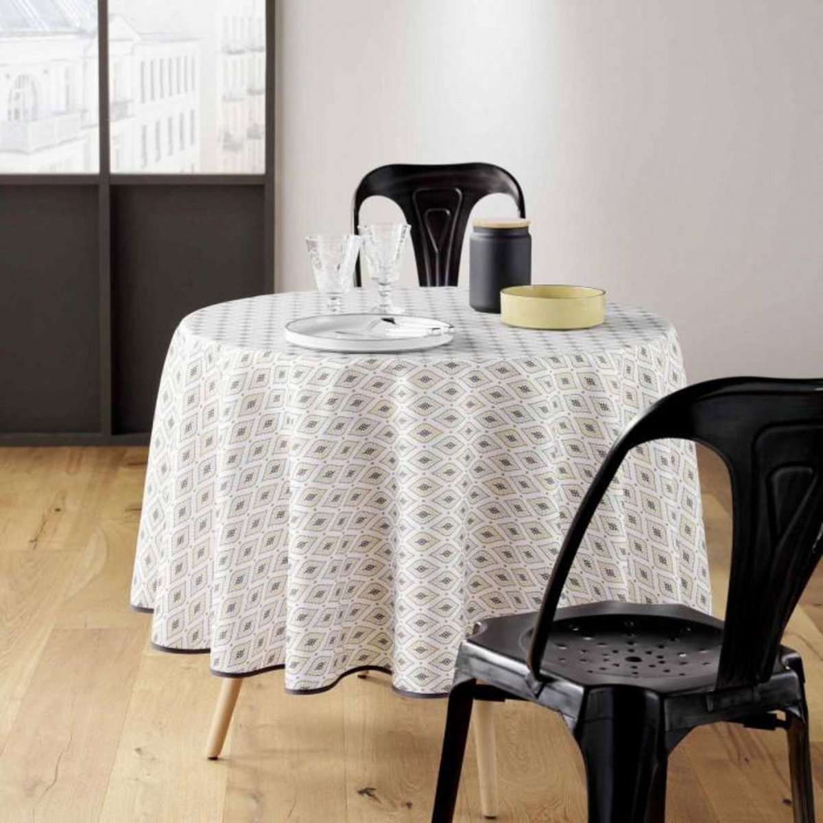 Paris Prix Nappe Ronde Imprimé  Oricia  180cm Beige & Noir