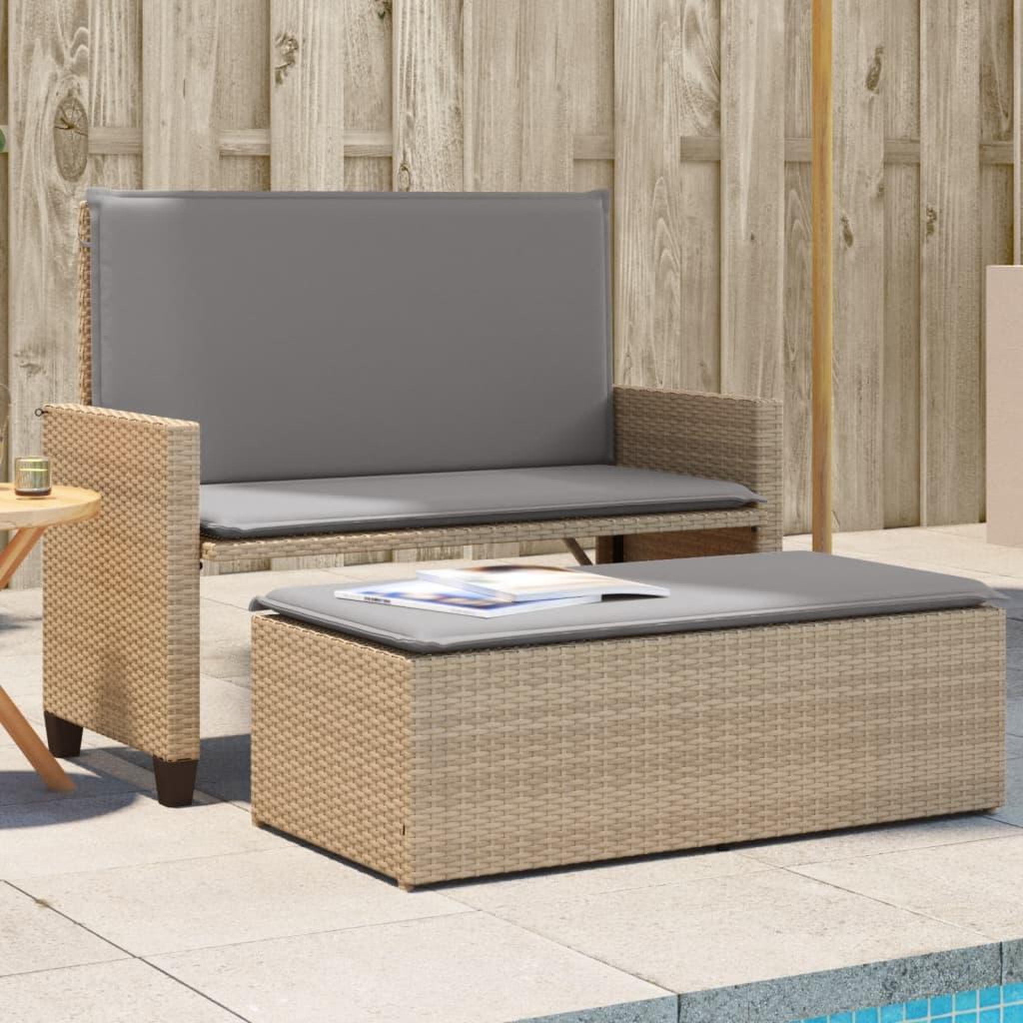 VIDAXL Banc de jardin et coussins et repose-pied beige resine tressee