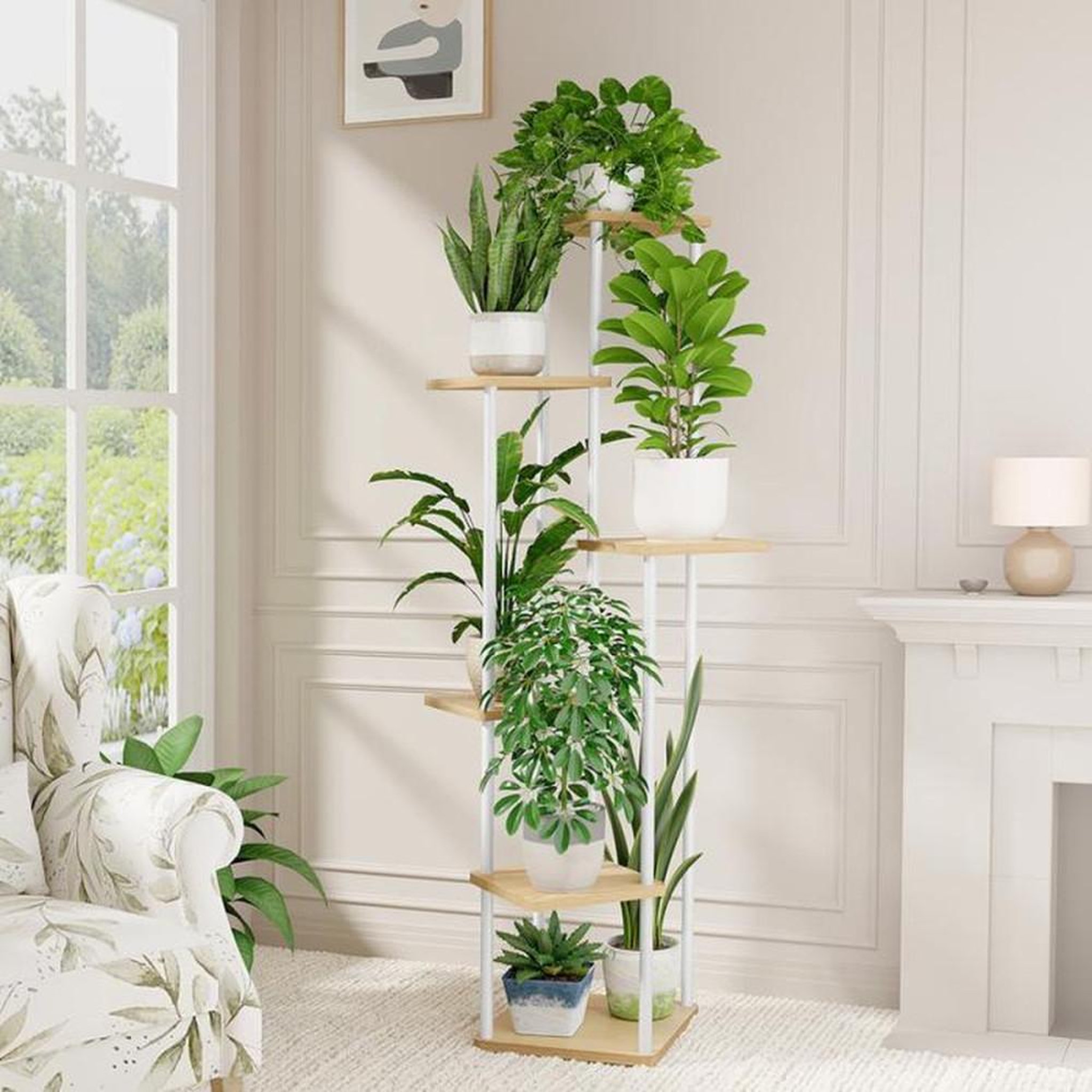 Voir la diapositive 2 : Présentoir à plantes 6 niveaux cadre métal blanc et étagères en bois 59,9 x 30 x 130 cm