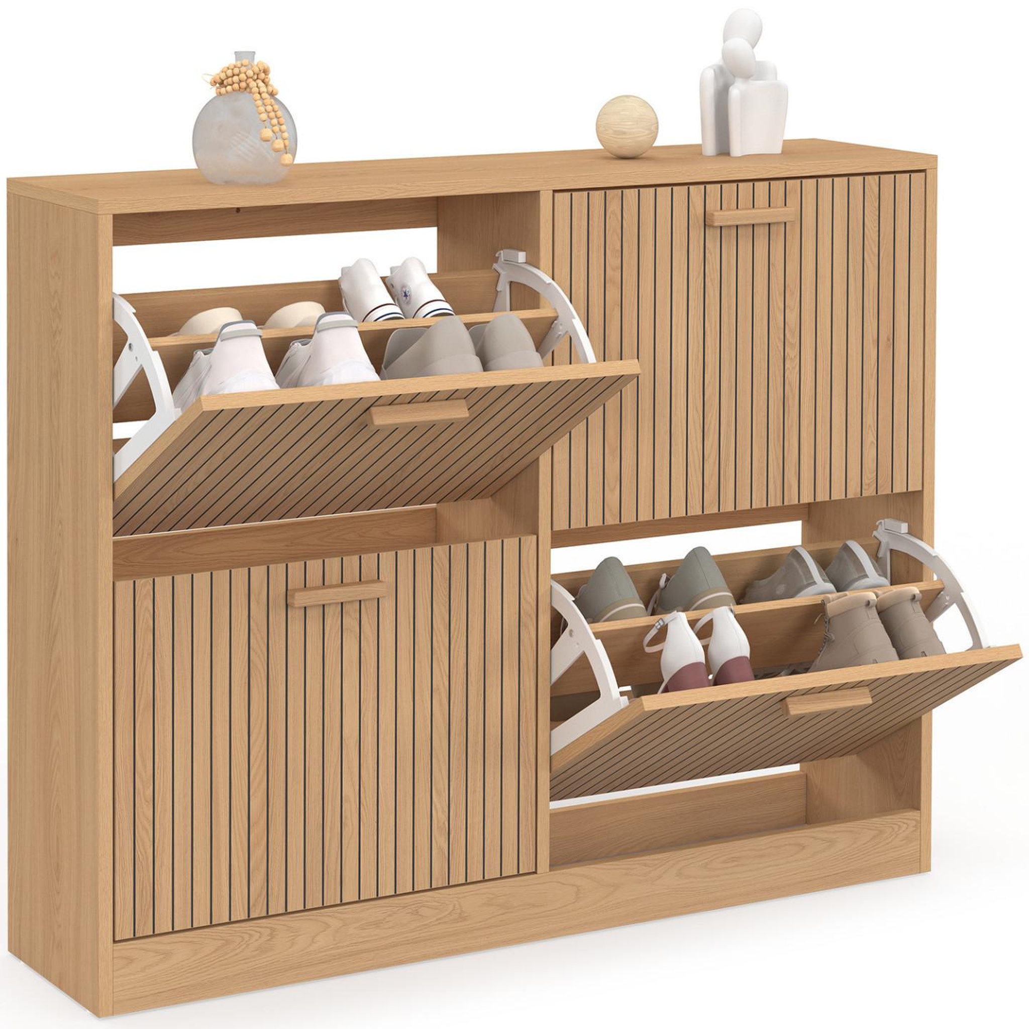 ID MARKET Meuble à chaussures 20 paires juliette 4 portes lattes tasseau bois coloris chêne